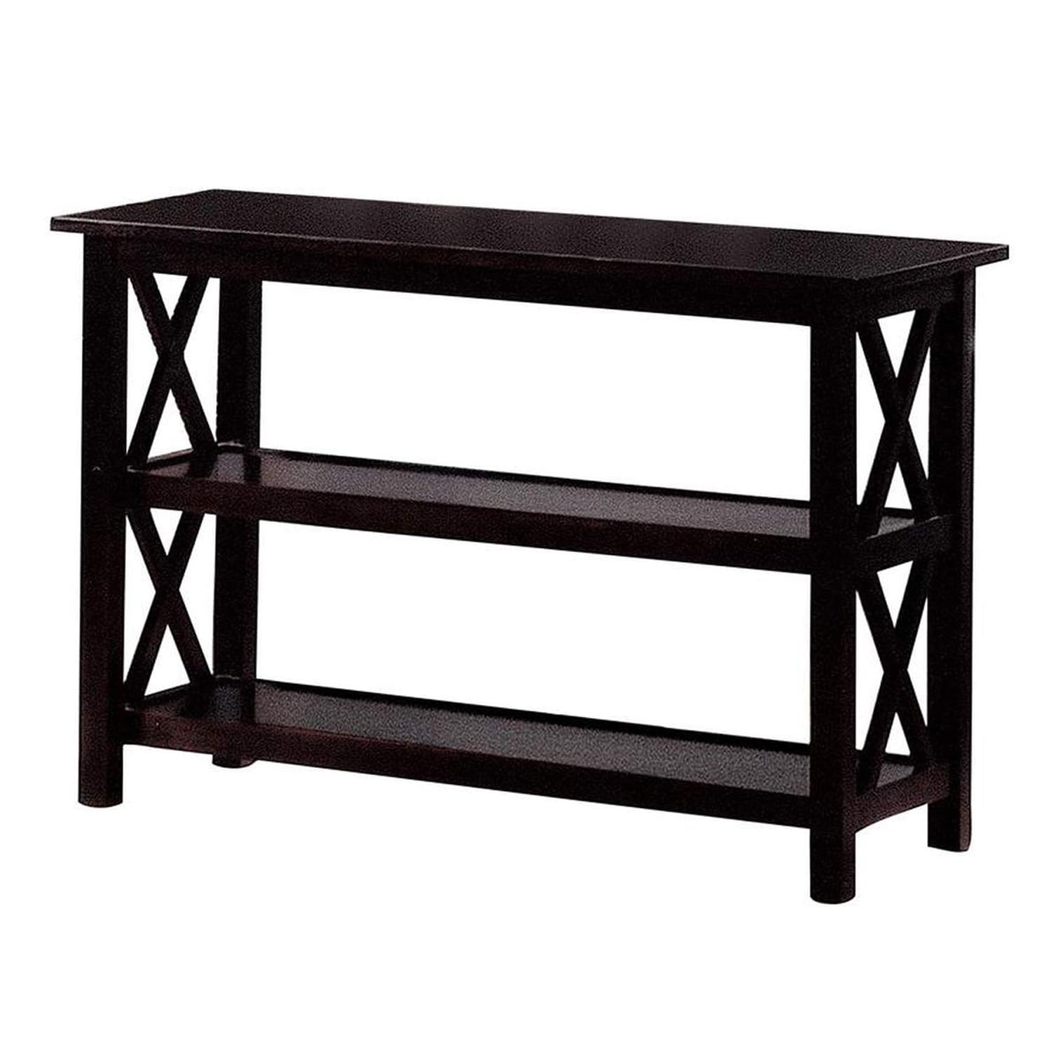 Benzara Transitional Wooden Sofa Table With X Side Design & Two Shelves, Dark Brown