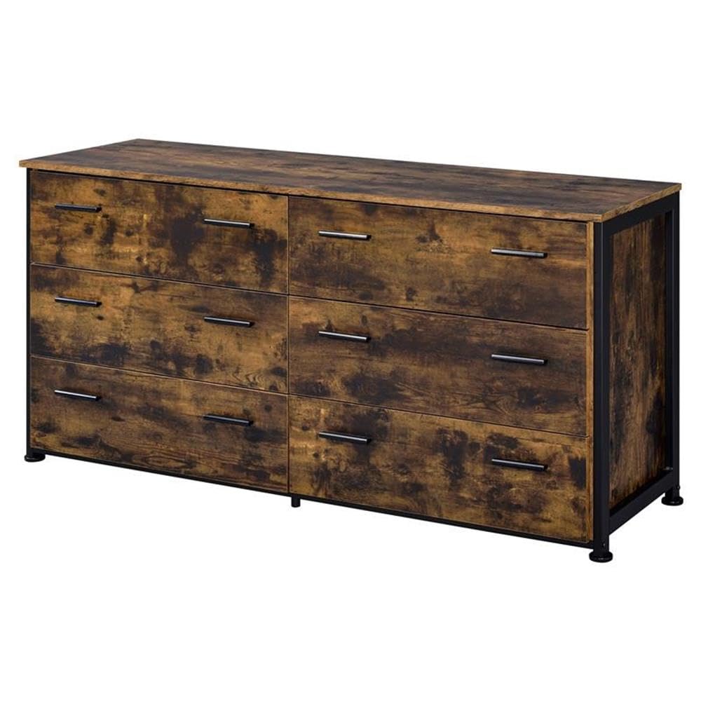 Acme Juvanth 6 Drawers Wooden Dresser With Metal Legs In Rustic Oak And Black