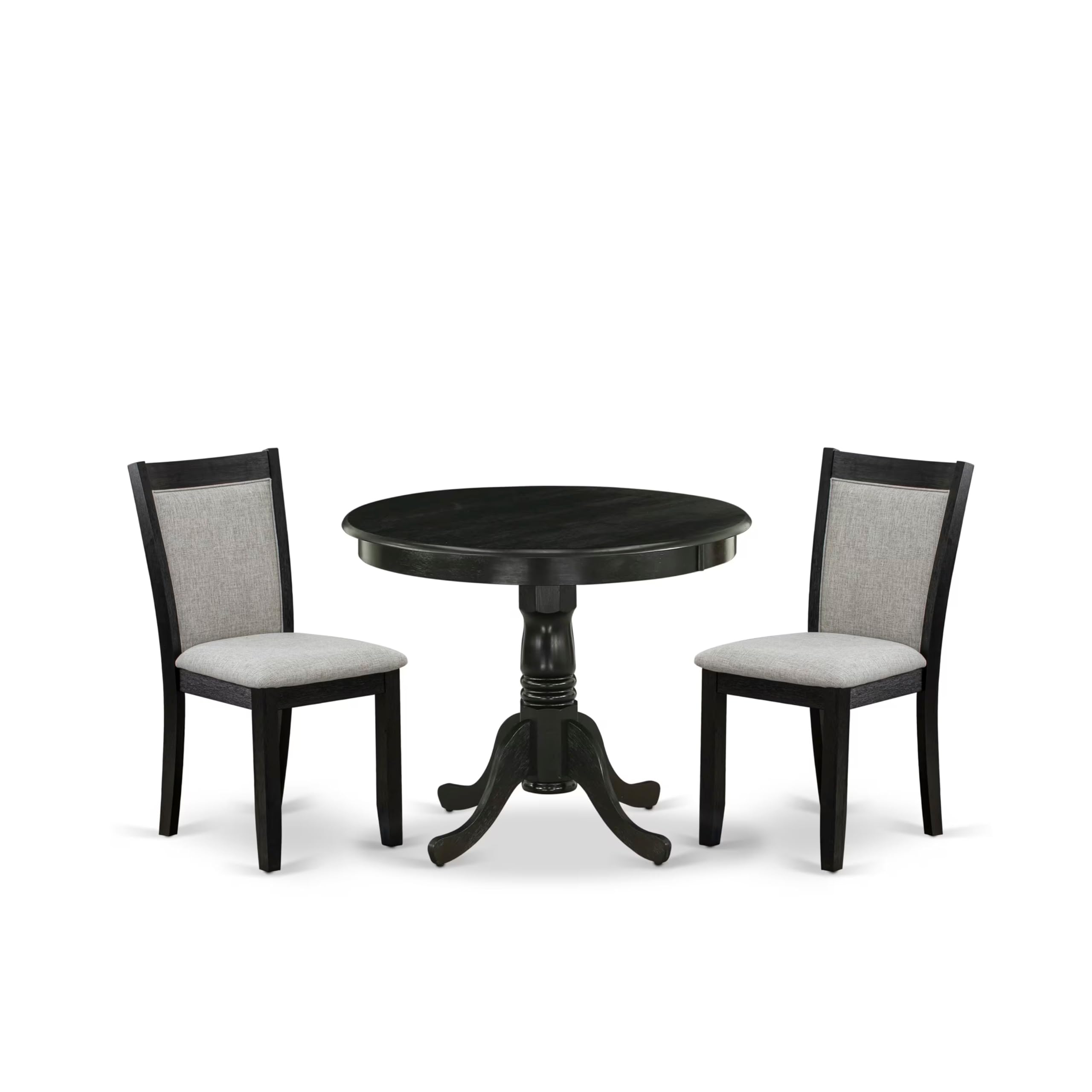 East West Furniture 3-Pc Dining Room Table Set Contains a Wooden Dining Table and 2 Shitake Linen Fabric Modern Dining Room Chairs - Wire Brushed Black Finish
