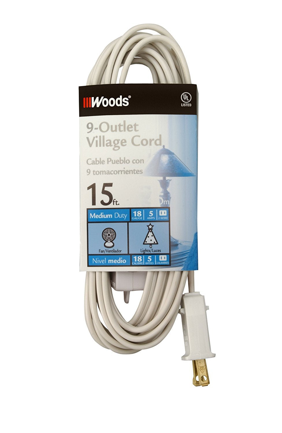 Woods 2188 Indoor Extension Cord With 9 Power Outlets (15 Feet, White)