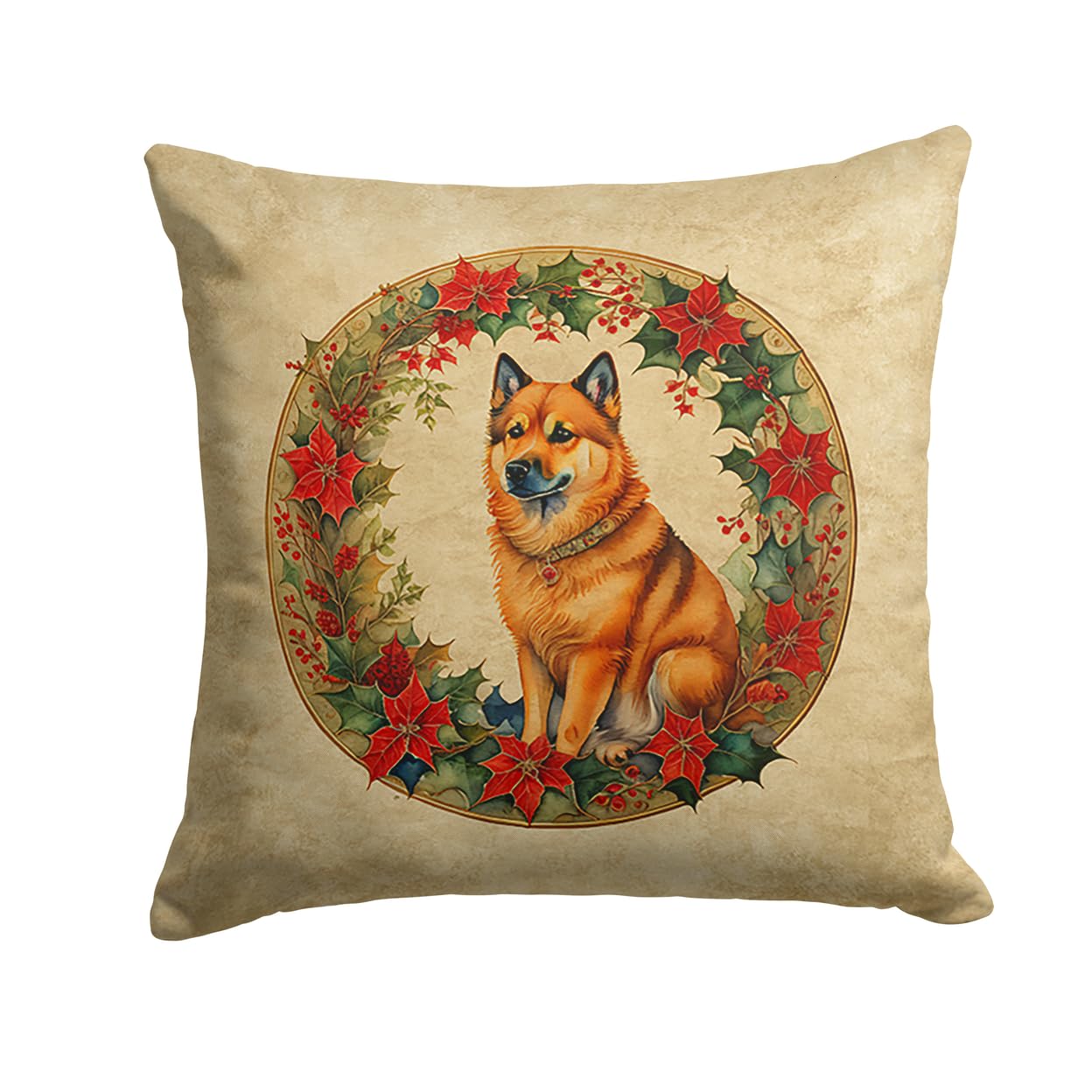 Finnish Spitz Christmas Flowers Throw Pillow