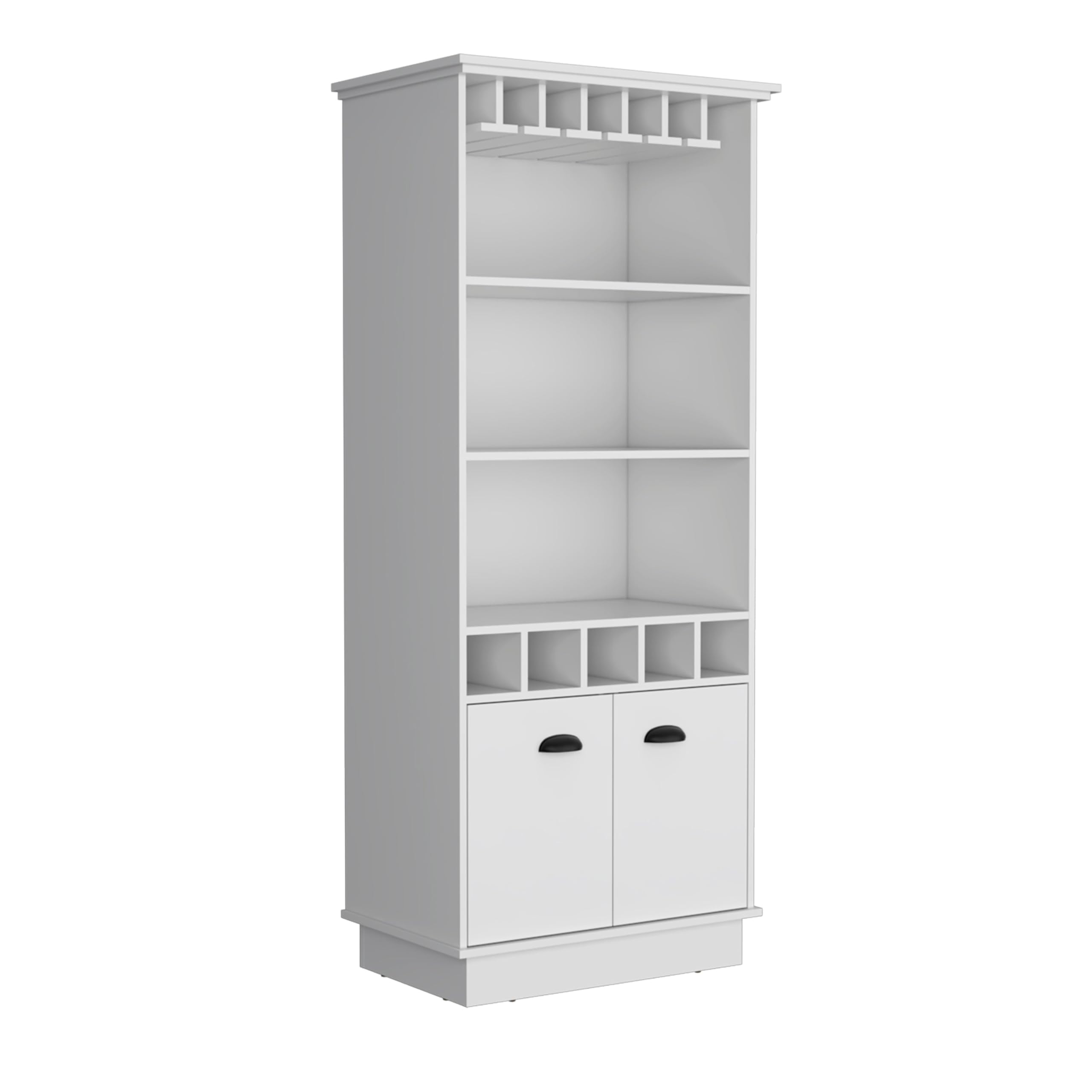 Dundee 70-Inch High 10-Glass Bar Cabinet with 5 Cubbies and 3 Open Shelves and Cabinet White