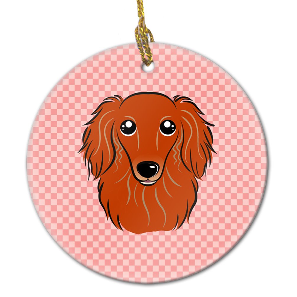 Checkerboard Pink Longhair Red Dachshund Ceramic Ornament BB1214CO1