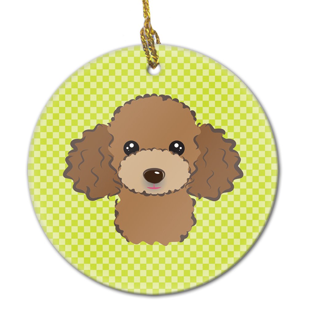 Checkerboard Lime Green Chocolate Brown Poodle Ceramic Ornament BB1318CO1