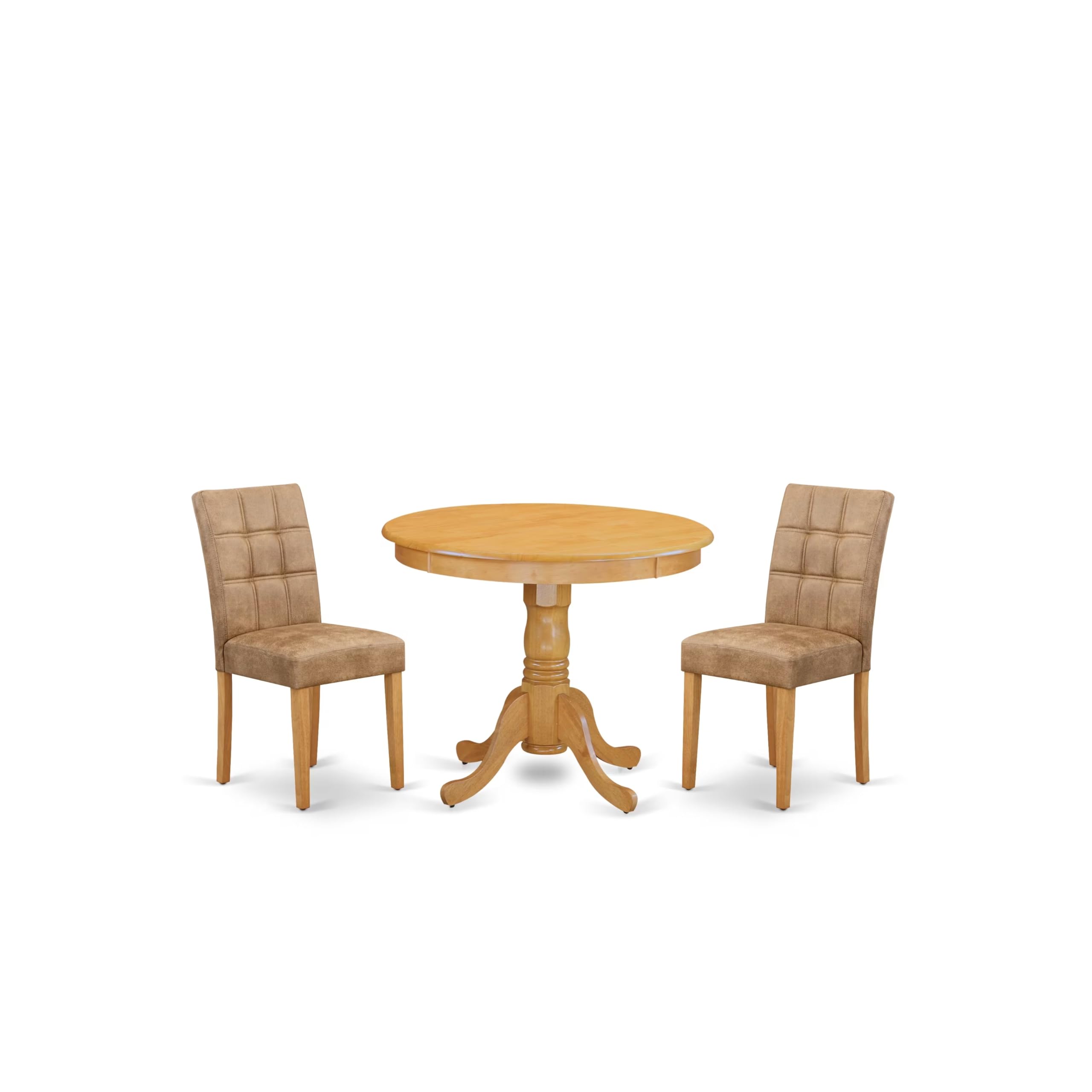 East West Furniture ANAS3-OAK-28 3 Piece Modern Dining Set consists A Dining Room Table and 2 Brown Textured Faux Leather Upholstered Dining Chairs, Oak