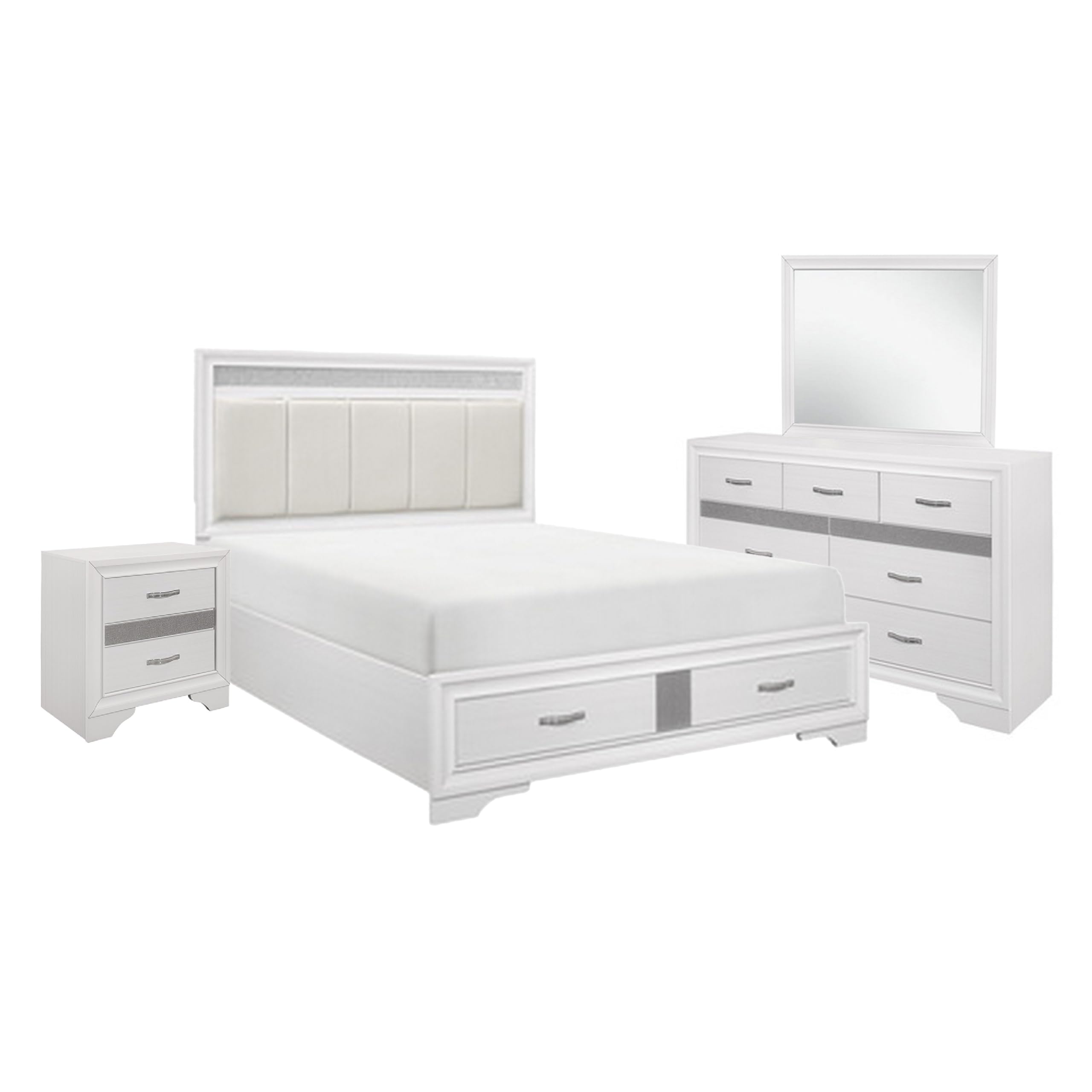 Lucy 4 Pc Queen Bedroom Set, Faux Leather Channel Tufted, Silver Accents, White