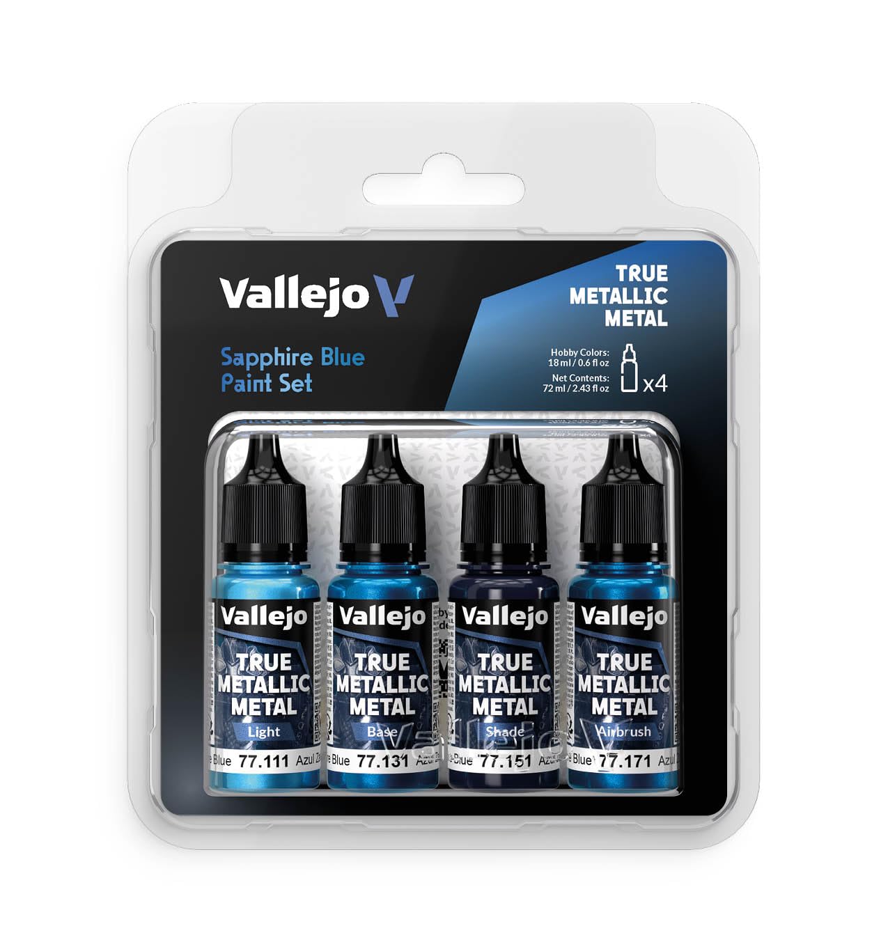 Vallejo - Sapphire Blue Paint Set | True Metallic Metal | Acrylic Colors for Painting Metal Effects on Fantasy, Historical, and Wargaming Miniatures | BSL System | 4 Bottles x 18 ml (0.6 fl.oz.)