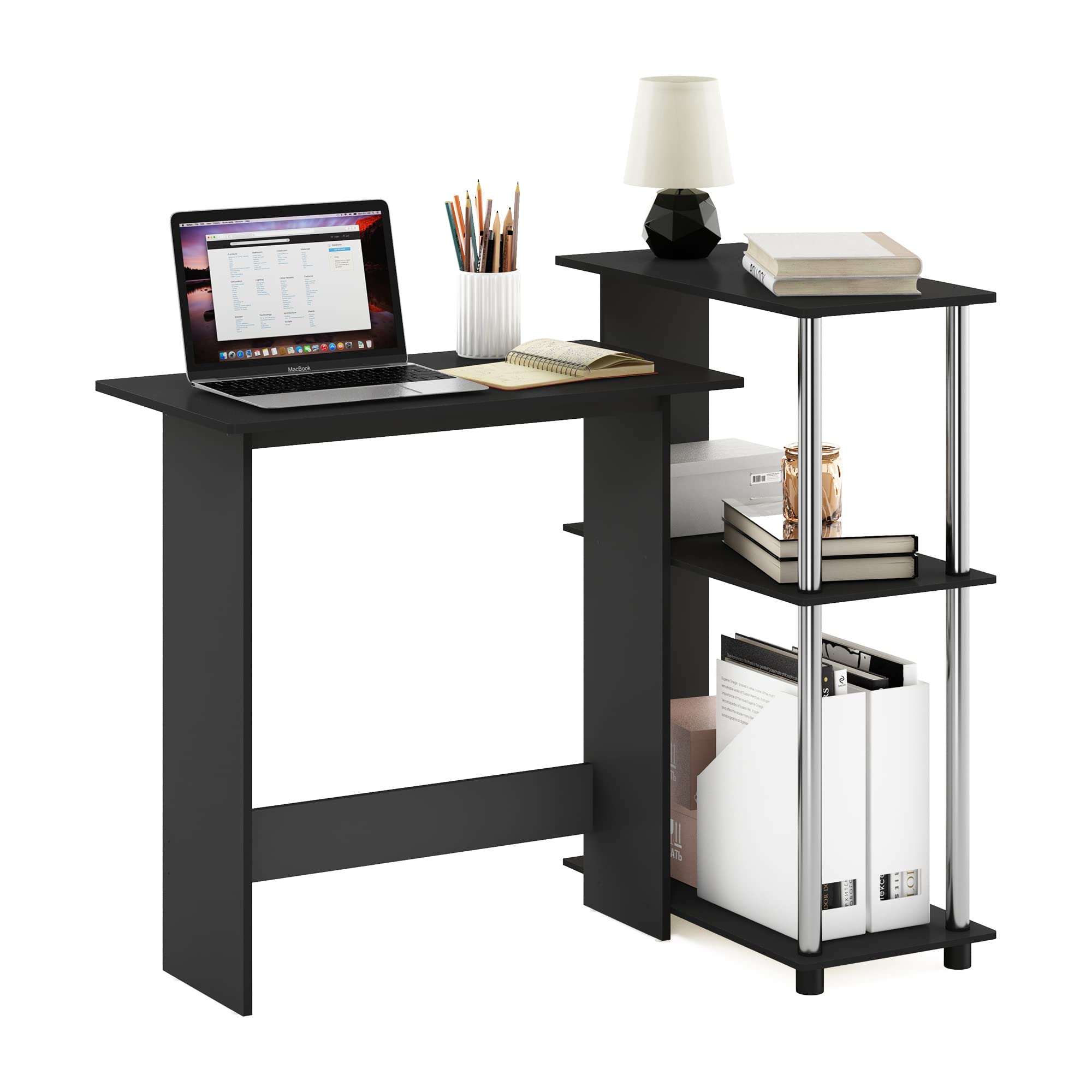 Furinno Abbott Corner Computer Desk with Bookshelf  Americano/Stainless Steel