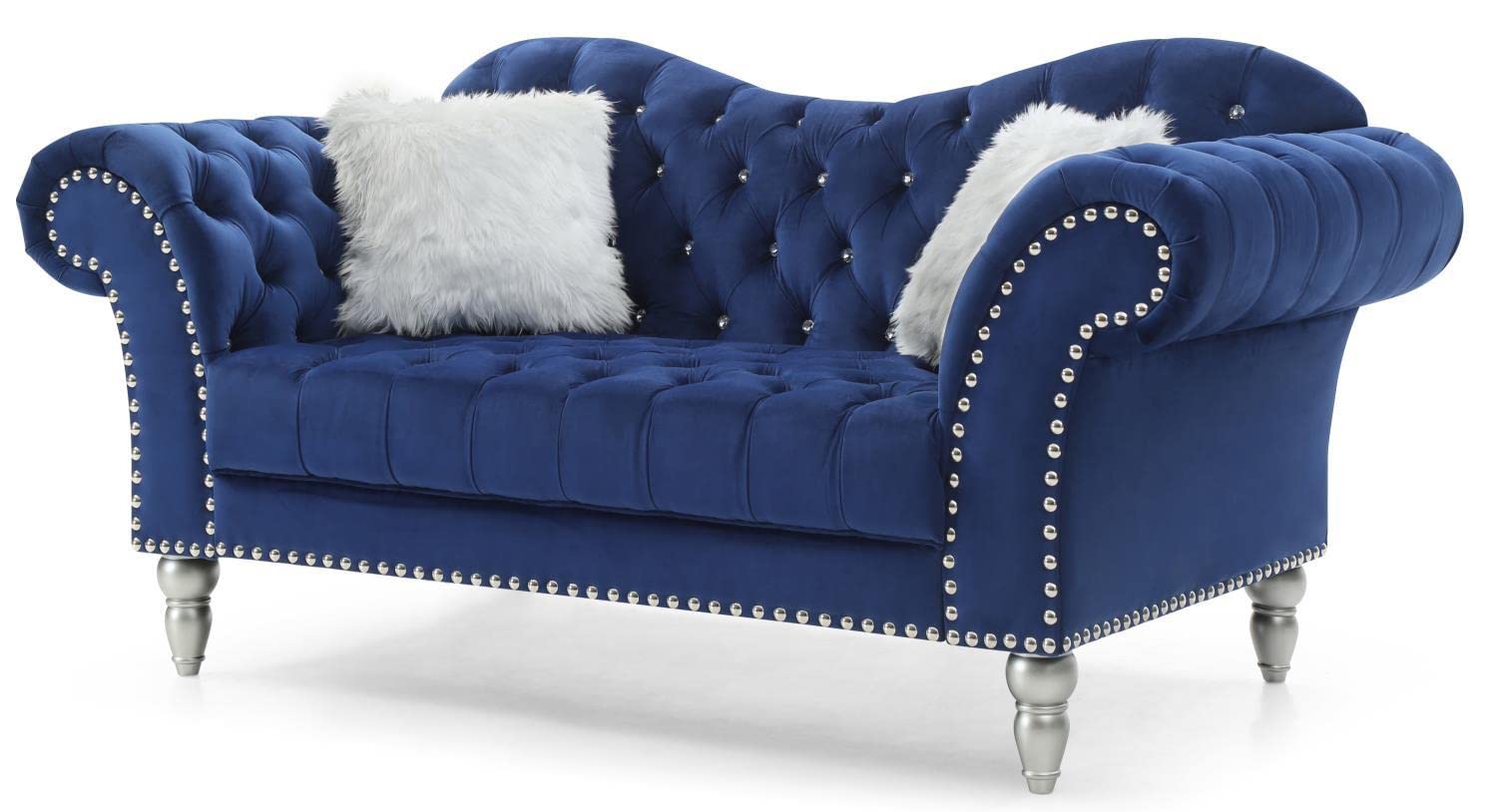 Wilshire 75 in. Blue Velvet 3-Seater Sofa with 2-Throw Pillow