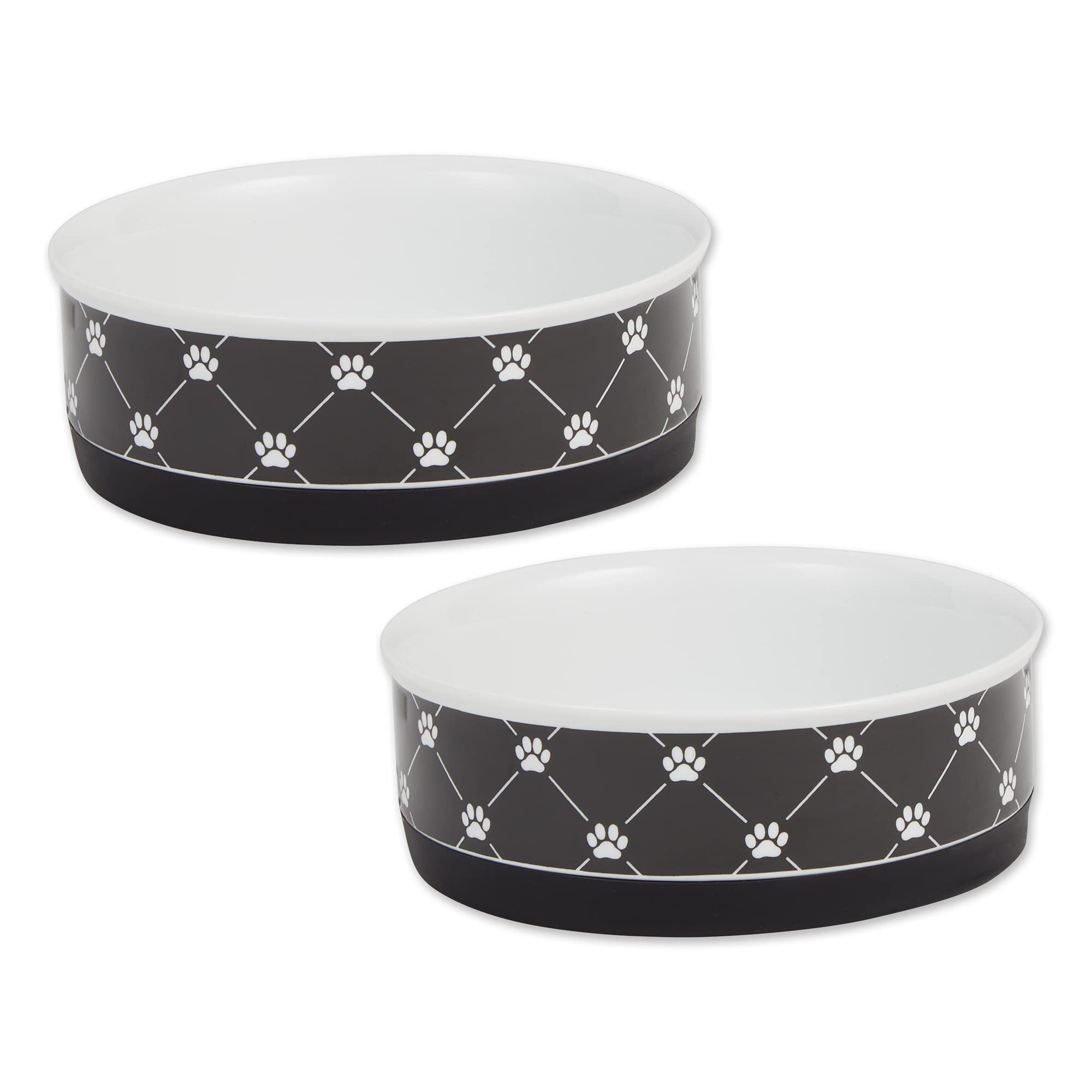 Bone Dry Trellis Paw Print Pet Bowl Set Microwave & Dishwasher Safe, Non-Slip Silicone Bottom For Less Mess, Medium 6X2, Black, 