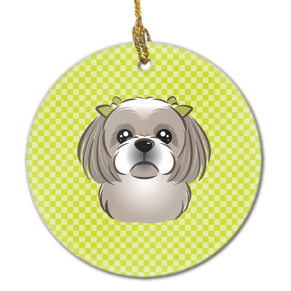 Checkerboard Lime Green Gray Silver Shih Tzu Ceramic Ornament BB1312CO1