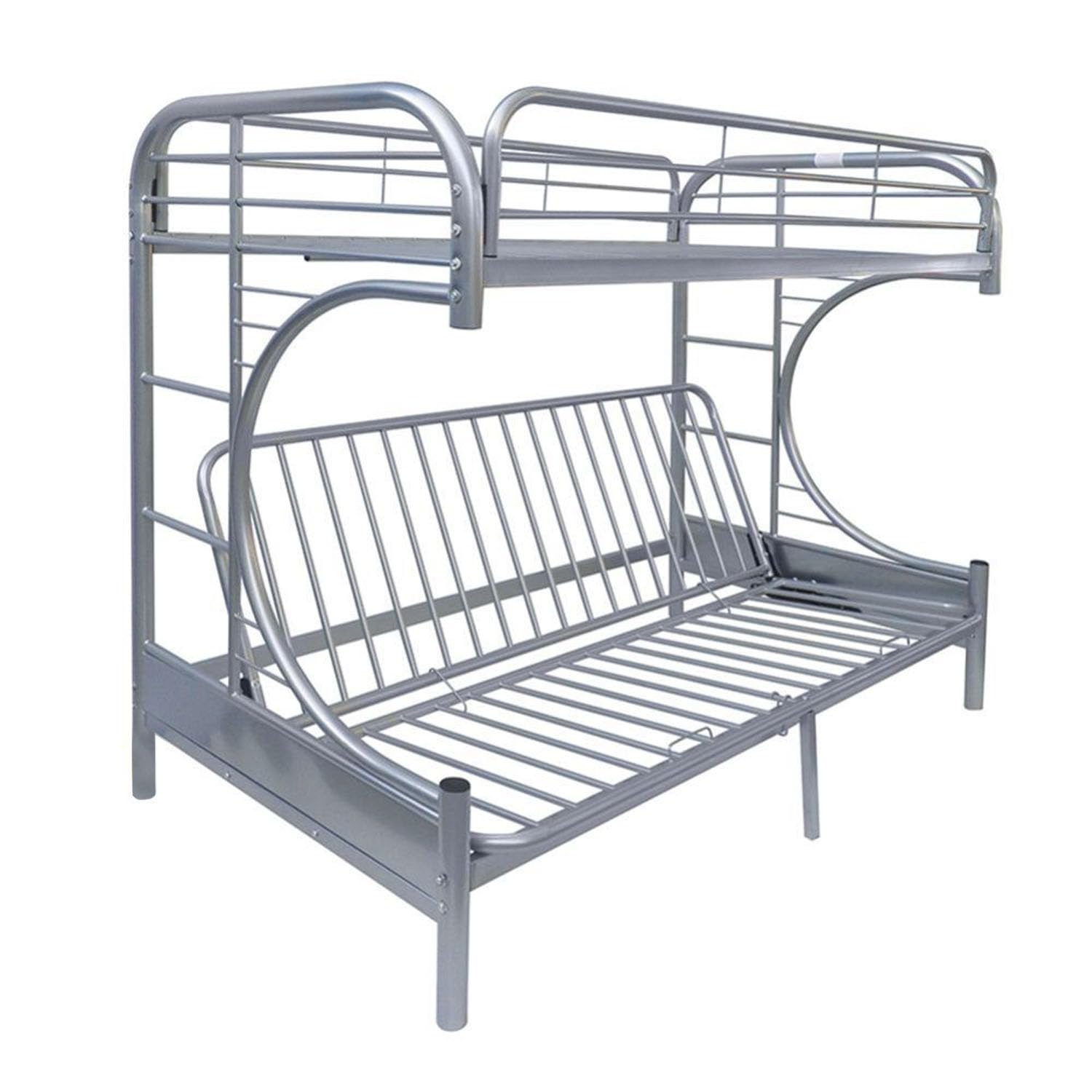 Benjara Eclipse Twin Xl Over Queen Futon Metal Bunk Bed With Guardrails, Silver