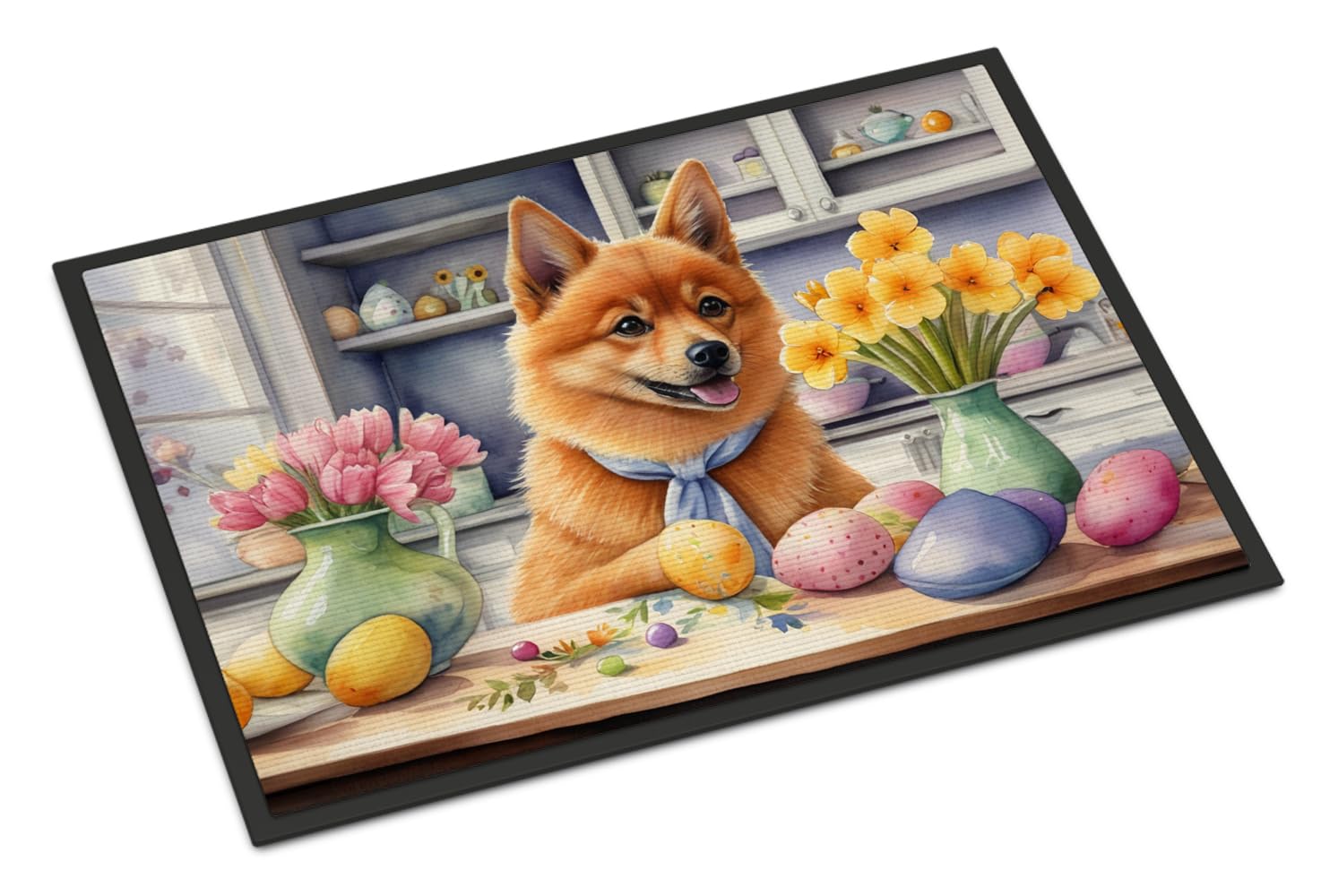 Carolines Treasures DAC6811MAT Decorating Easter Finnish Spitz Doormat Front Door Mat Indoor Outdoor Rugs for Entryway, Non Slip Washable Low Pile, 18H X 27W