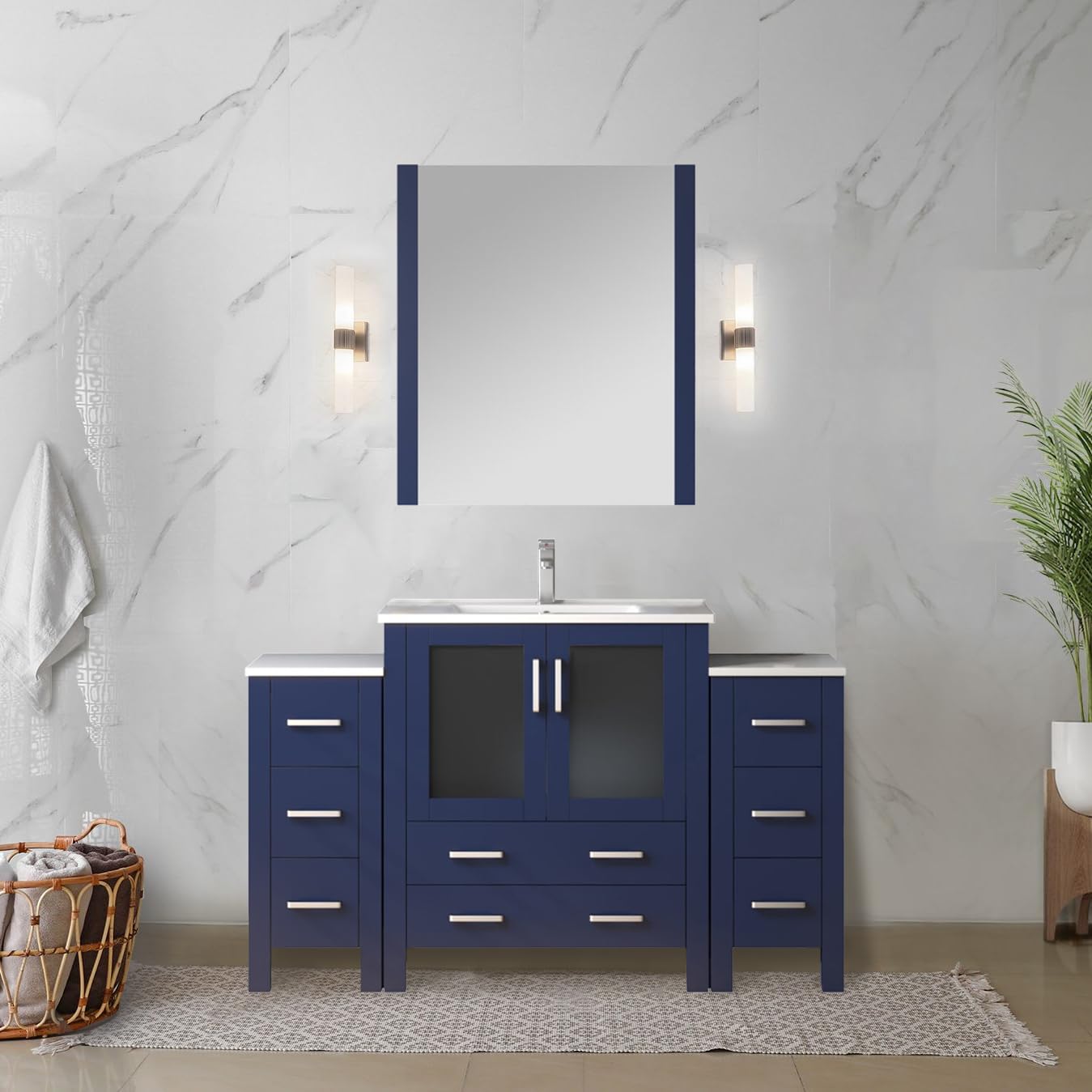 Volez 54 in W x 18.25 in D Navy Blue Single Bath Vanity with Side Cabinets, and White Ceramic Top