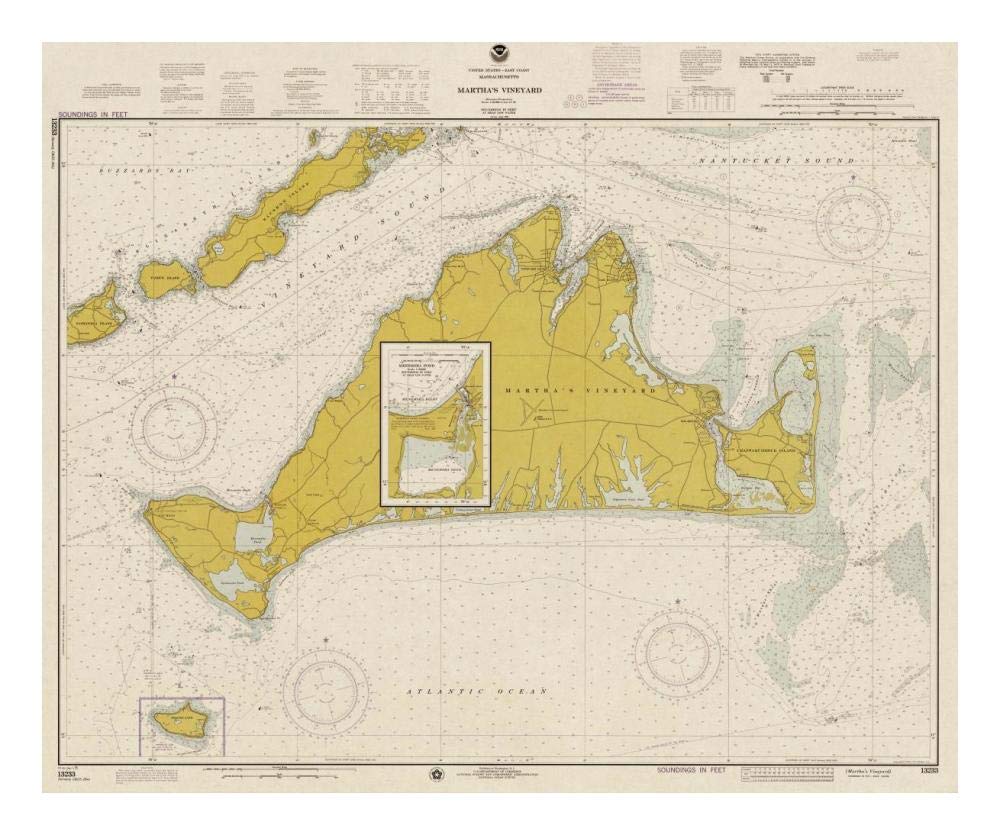 Nautical Chart - Marthas Vineyard ca. 1975 - Sepia Tinted-Paper Art-24x20”