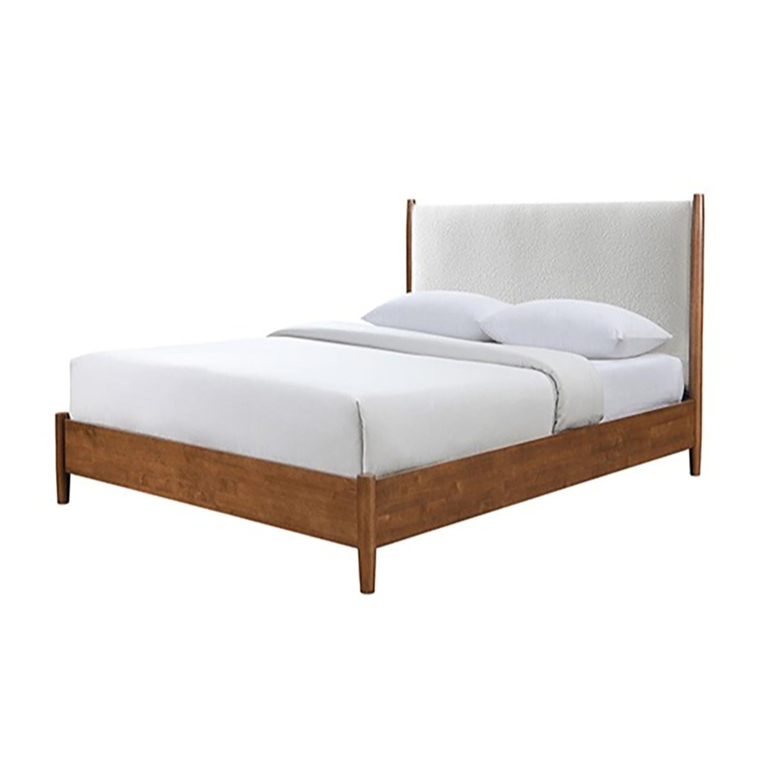 Carry Full Size Bed w Beige Boucle Upholstered Headboard, Walnut Brown