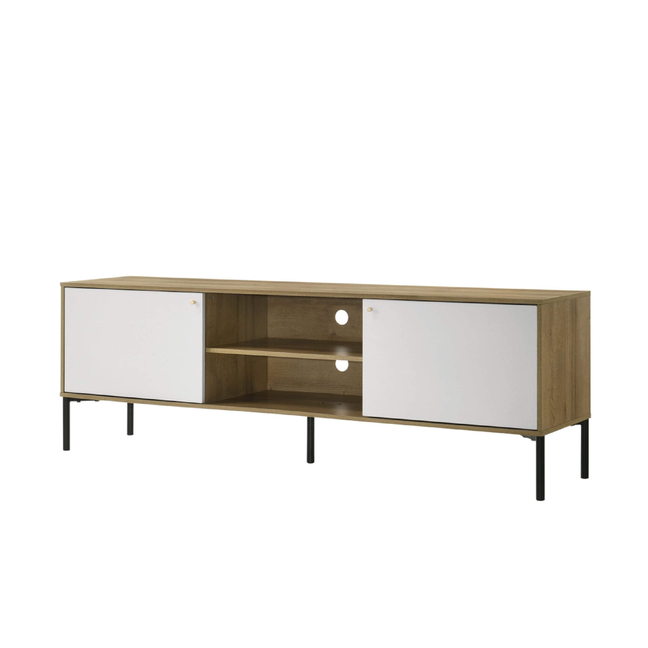 Brick TV Stand Cabinet with 2 Doors, Black Metal, White, Oak Brown