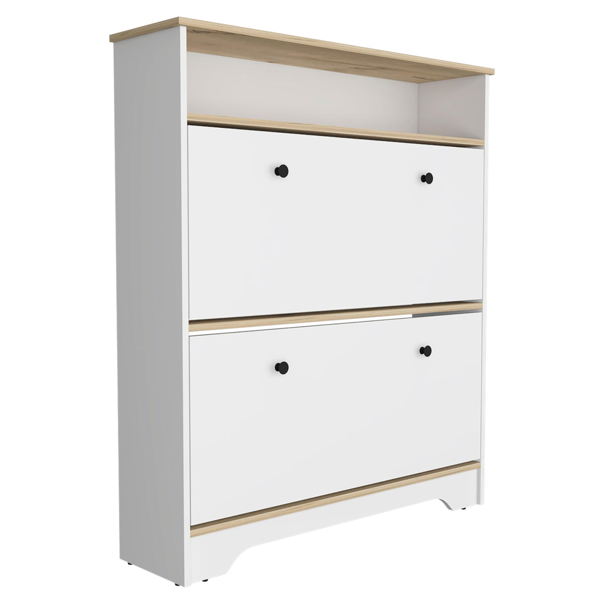 Tuhome Calgary Shoe Rack, Superior Top, One Open Shelf, Two Extendable Shelves -Light Oak/White