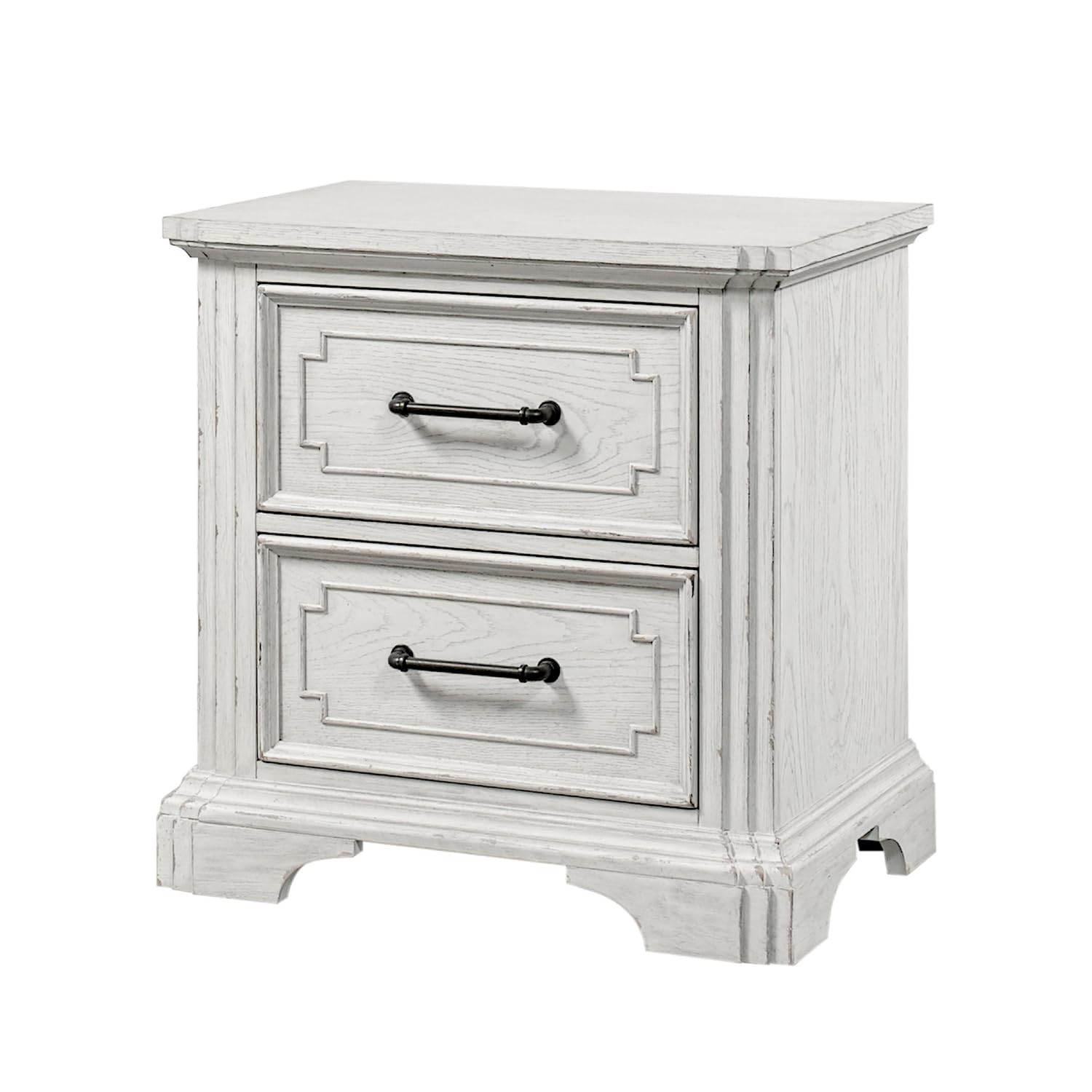 Lesy Nightstand, 2 Drawers, Black Metal, Vintage White Poplar Wood