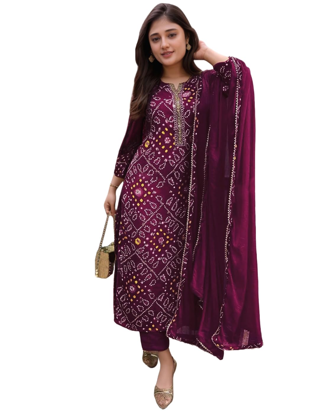 Gosriki WomenS Rayon Viscose Straight Bandhej Printed Kurta With Pant & Dupatta (Turae Wine-Vks05-Gs_M_Wine_Medium)