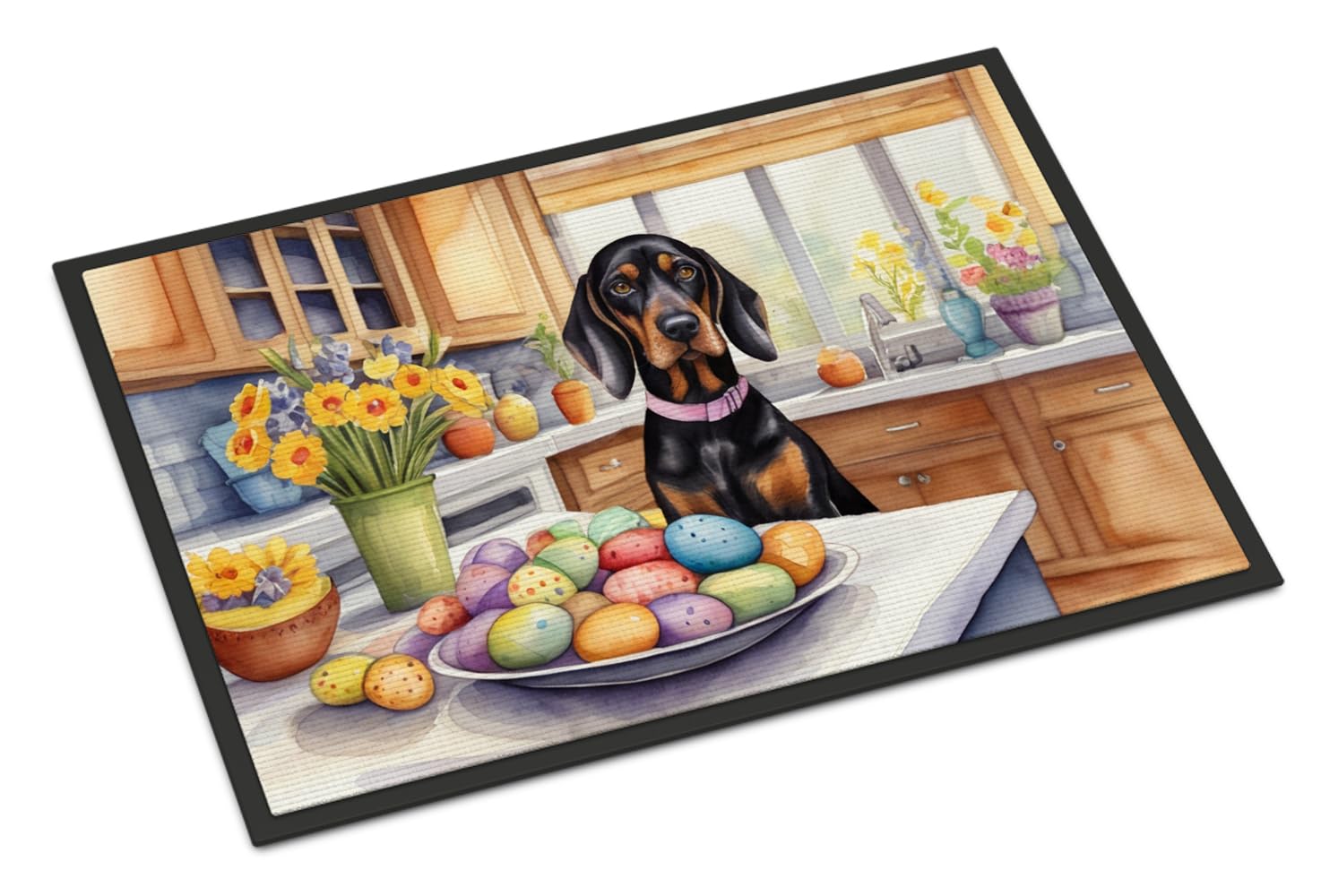 Carolines Treasures DAC6764JMAT Decorating Easter Black and Tan Coonhound Doormat Front Door Mat Indoor Outdoor Rugs for Entryway, Non Slip Washable Low Pile, 24H X 36W