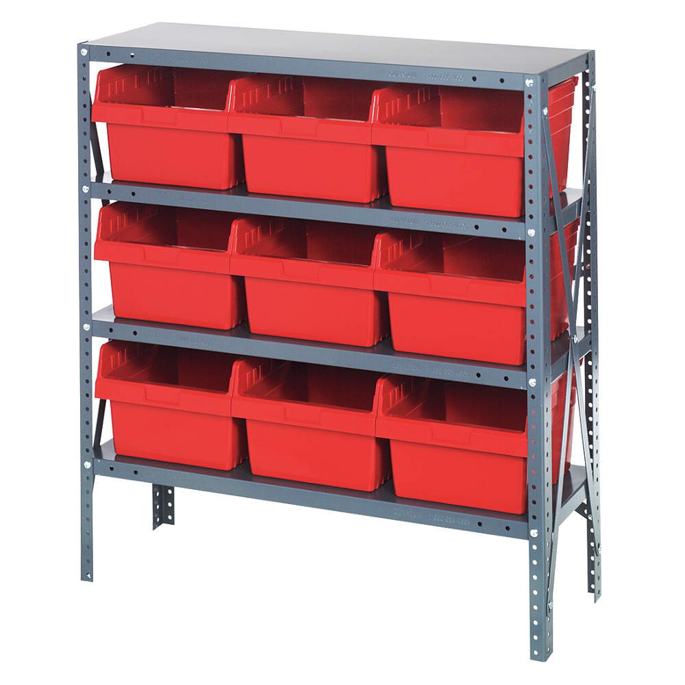 Quantum 1239-SB809RD Shelving Unit, 12D x 36L x 39H, Carbon Steel, Galvanized with Red Bins