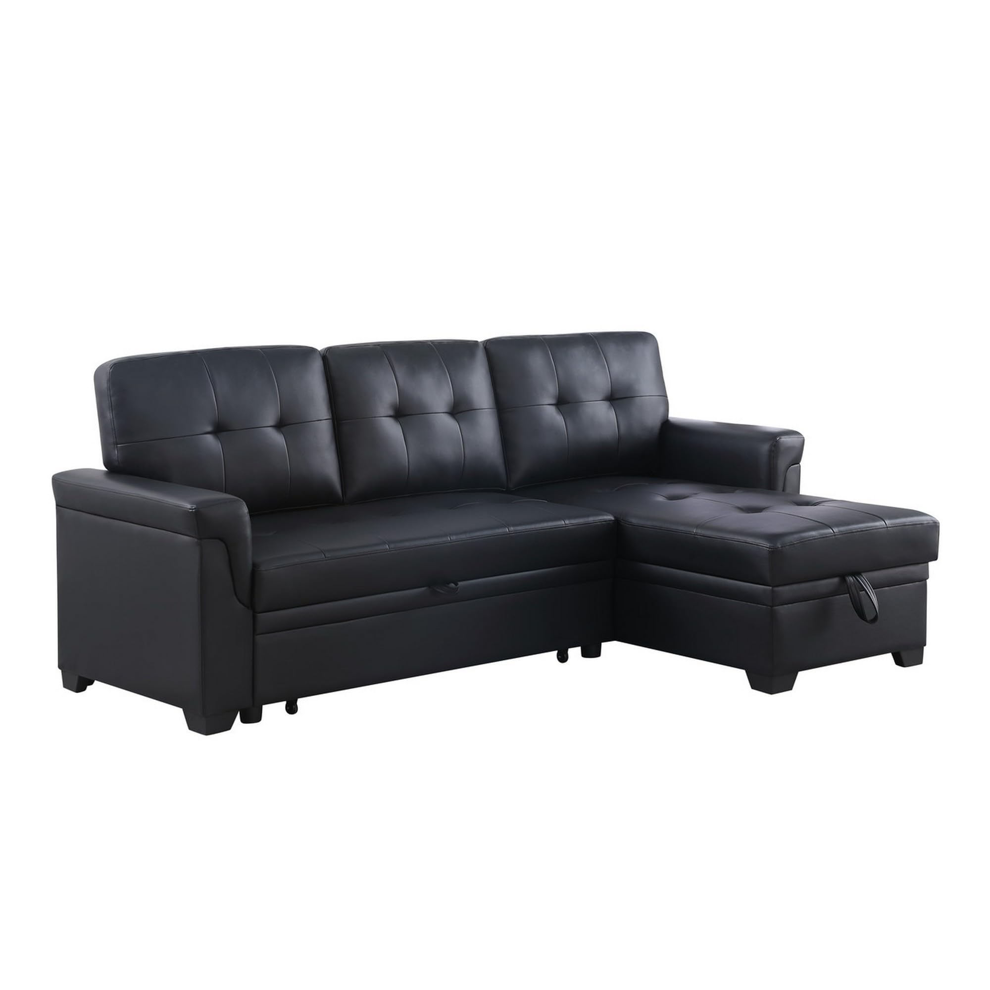 Eny 84 Inch Sleeper Sectional Sofa with Storage Chaise, Tufted Back, Black
