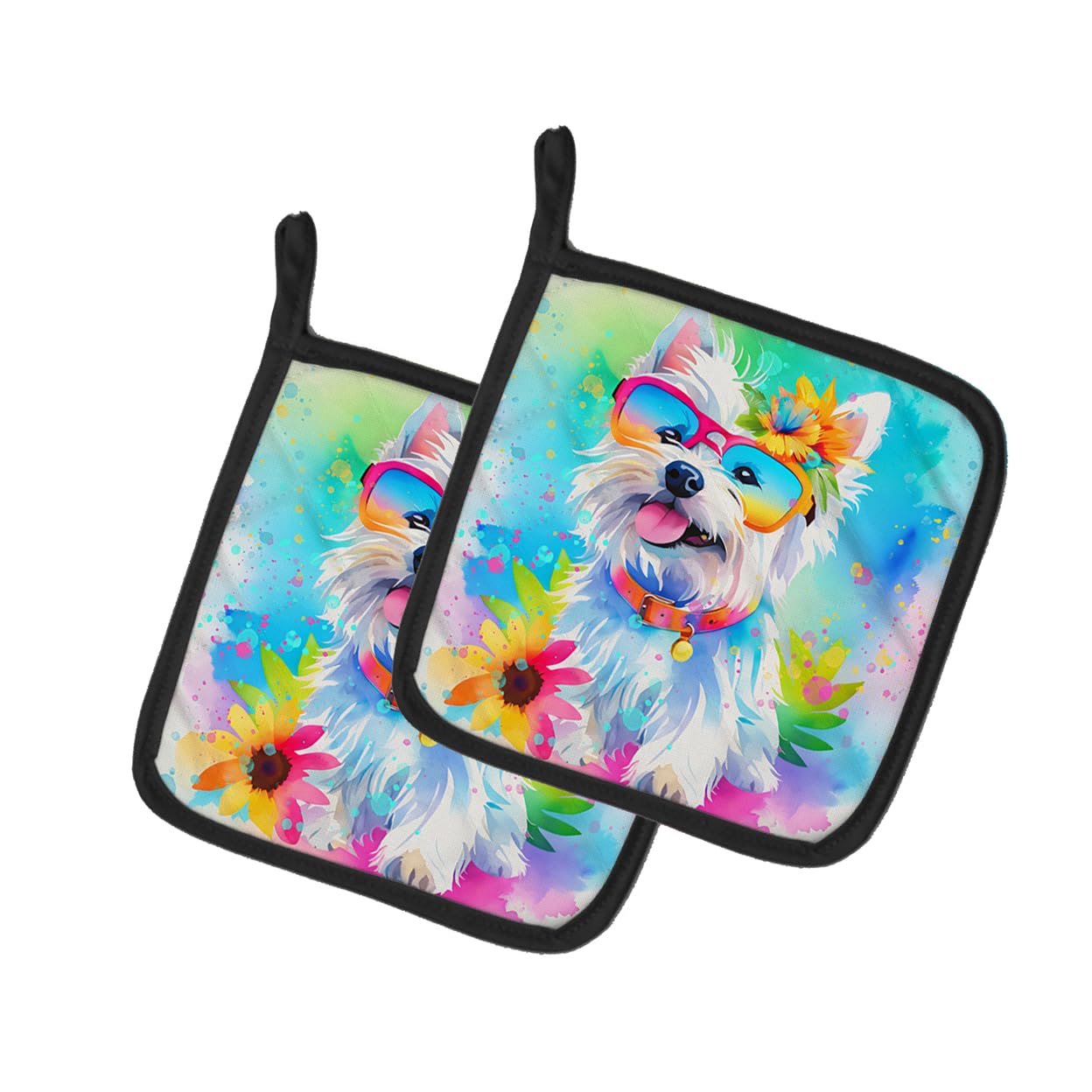Westie Hippie Dawg Pair of Pot Holders