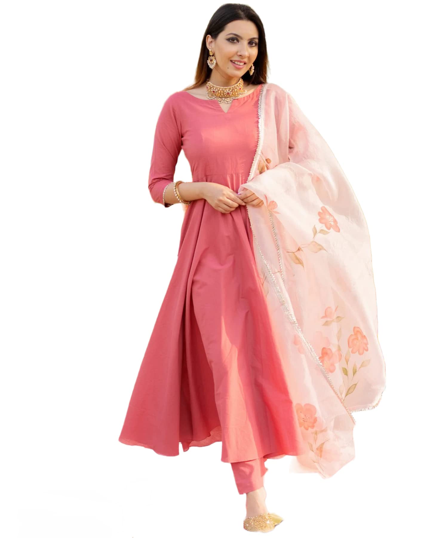 Gosriki WomenS Cotton Blend Traditional Plain Anarkali Kurta And Pant With Dupatta Set (Rangoli Pink Nw-Gs_M_Pink_Medium)