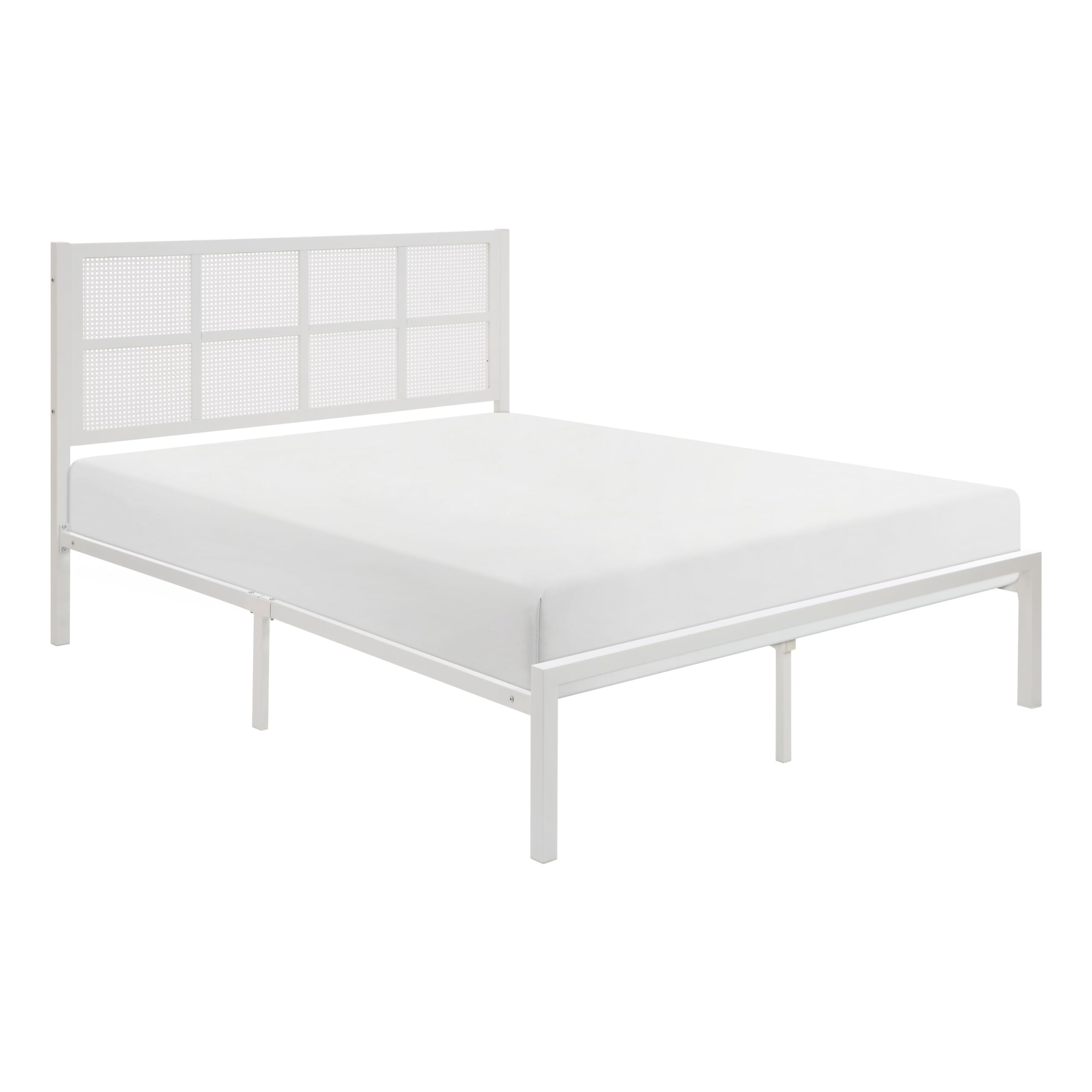 Annie King Platform Metal Bed, White Faux Cane Panel Headboard, Low Profile