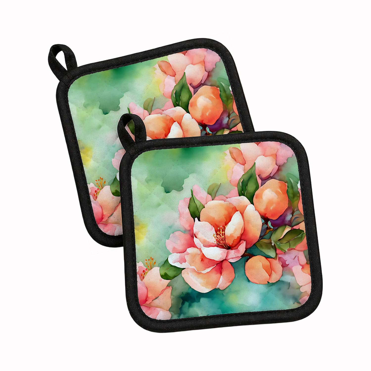 Carolines Treasures Delaware Peach Blossom in Watercolor Pair of Pot Holders Kitchen Heat Resistant Pot Holders Sets Oven Hot Pads for Cooking Baking BBQ, 7 1/2 x 7 1/2