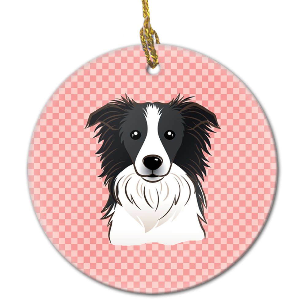 Checkerboard Pink Border Collie Ceramic Ornament BB1241CO1