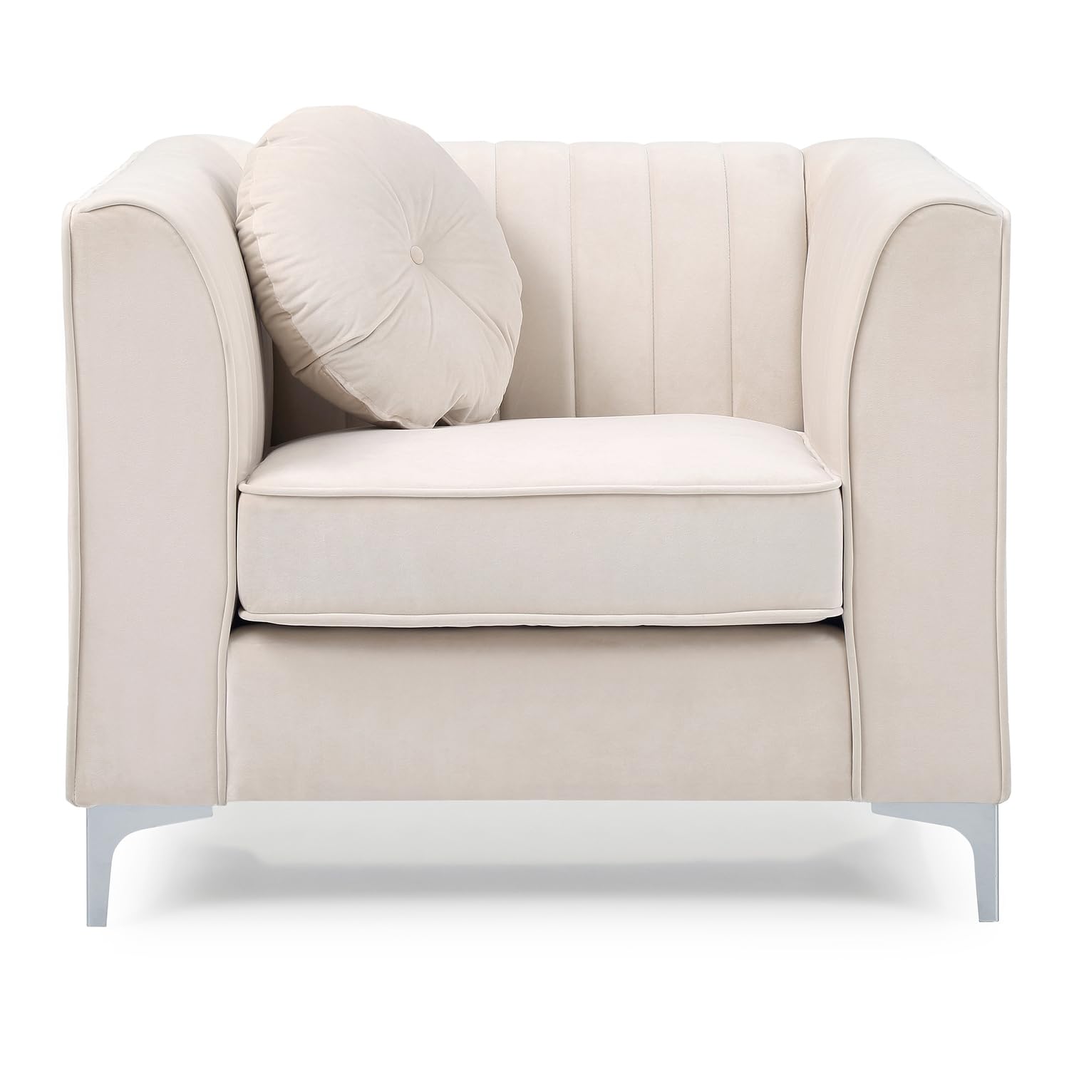 Delray Ivory Vertical Channel Quilted Accent Chair with Round Throw Pillow
