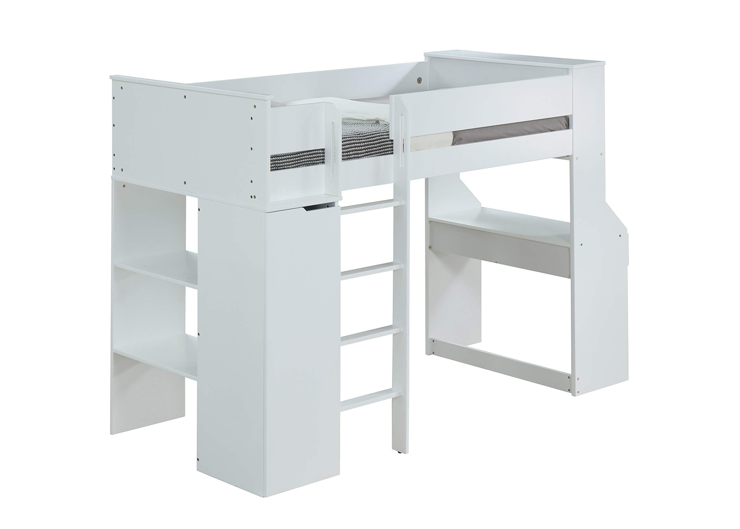 Wooden Twin Size Loft Bunk Bed with Workstation and Ladder, White