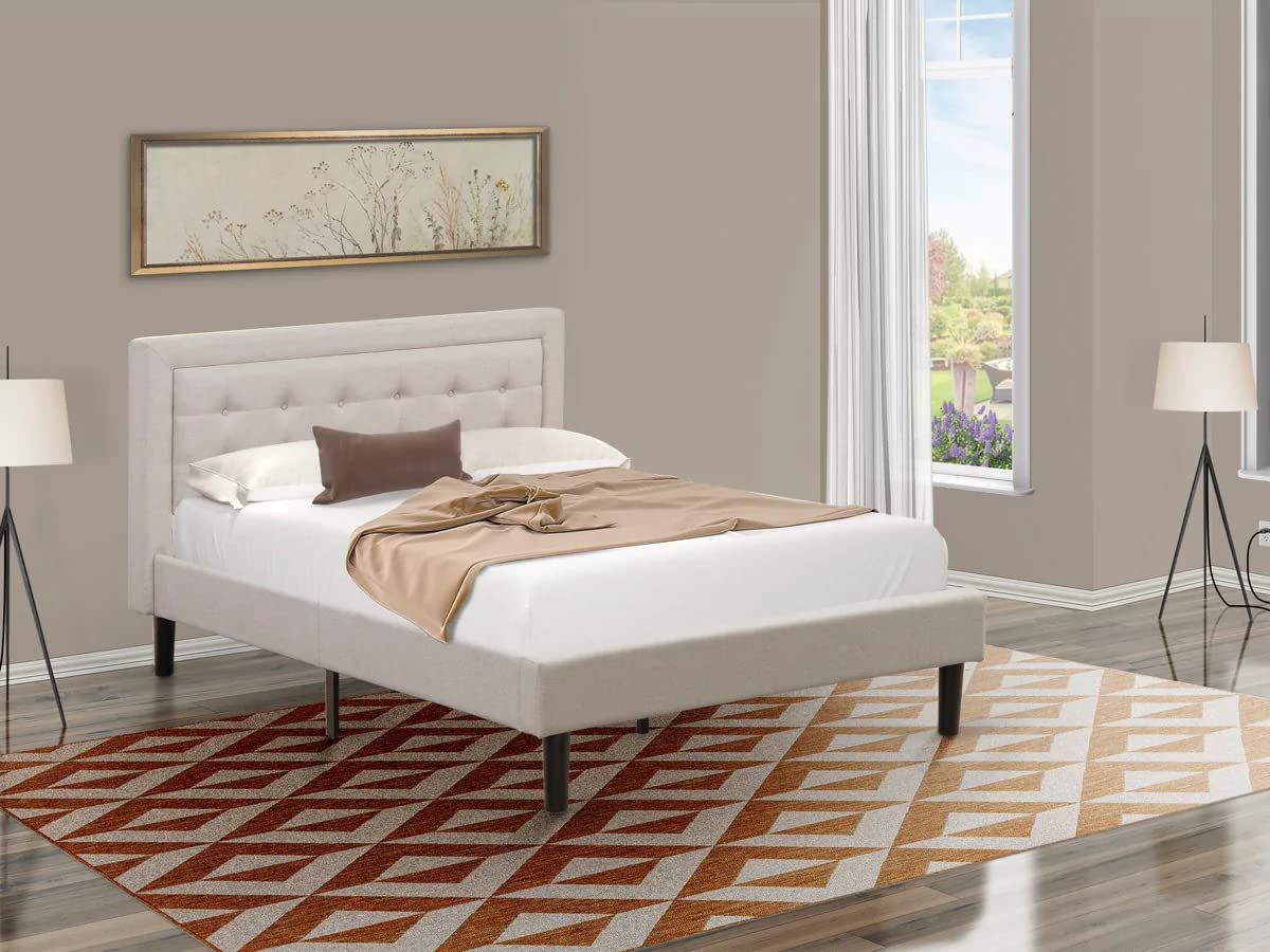 East West Furniture FNF-08-F Platform Full Size Bed - Mist Beige Linen Fabric Upholestered Bed Headboard with Button Tufted Trim Design - Black Legs