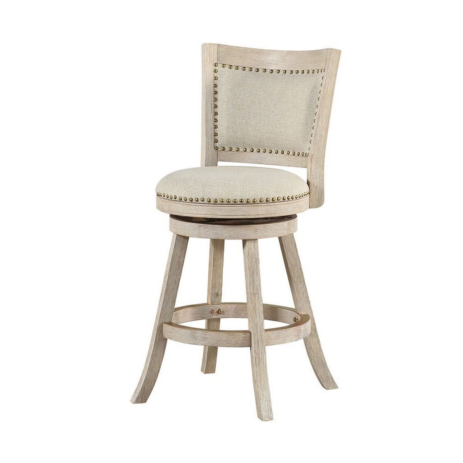 Benjara Curved Back Wood Swivel Counter Stool, Nailhead Trim, Driftwood Wire-Brush