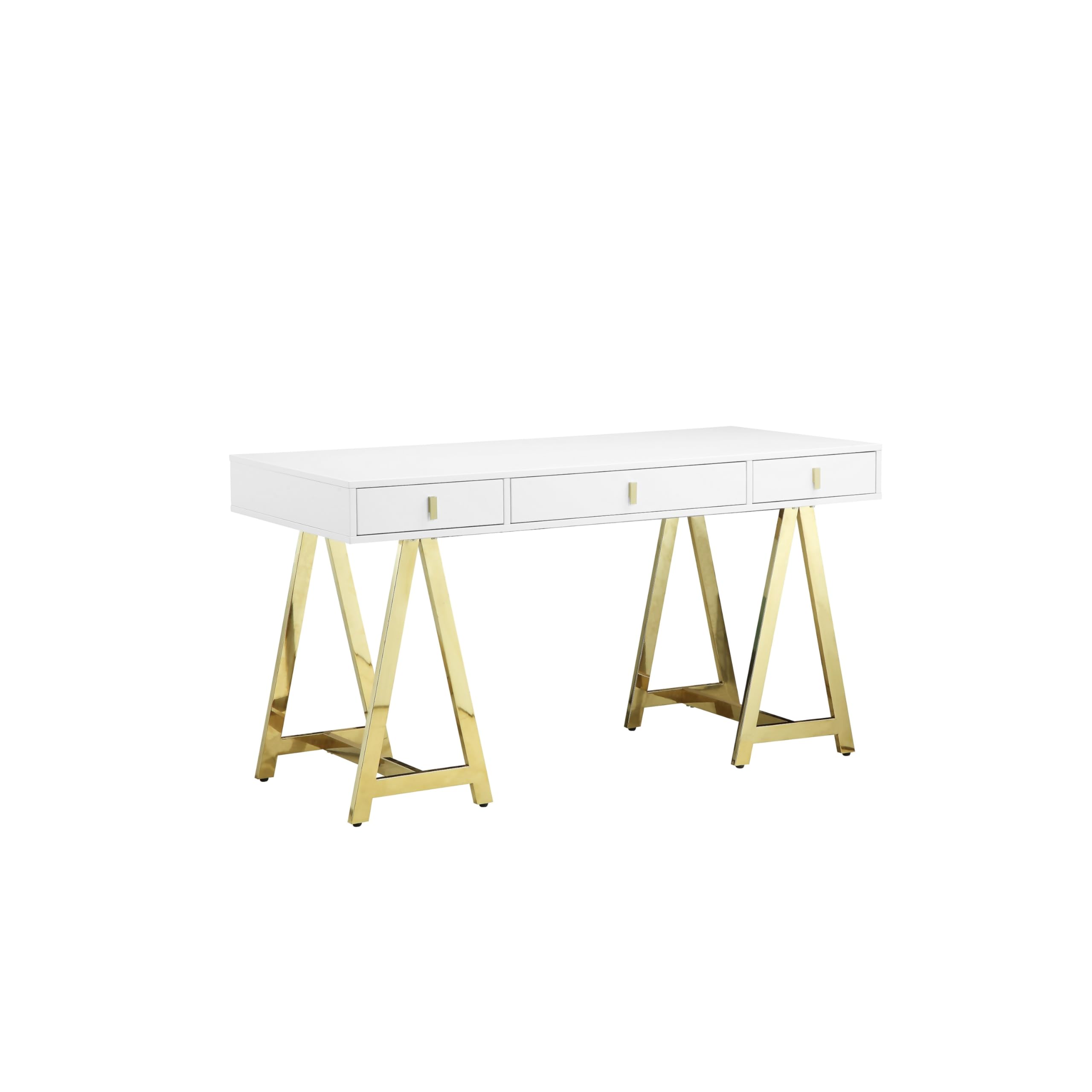 Ile 55 Inch Desk with 3 Storage Drawers, White Wood Veneer, Gold Metal