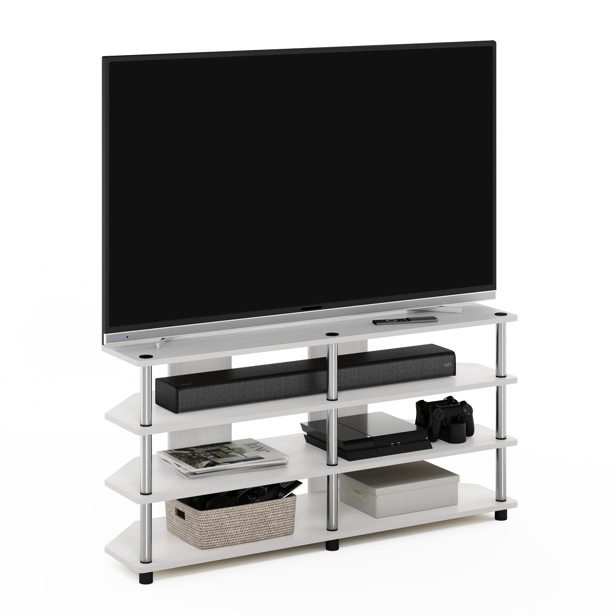 Furinno Econ Easy Assembly 4-Tier Corner TV Stand for TV up to 55-Inch, White Oak/Stainless Steel