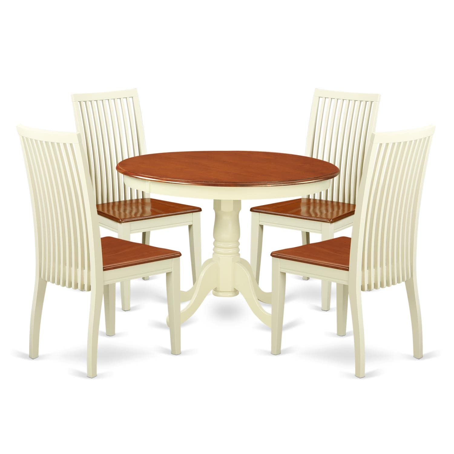 East West Furniture HLIP5-BMK-W 5 Piece Dining Room Furniture Set Includes a Round Kitchen Table with Pedestal and 4 Dining Chairs, 42x42 Inch, Buttermilk & Cherry