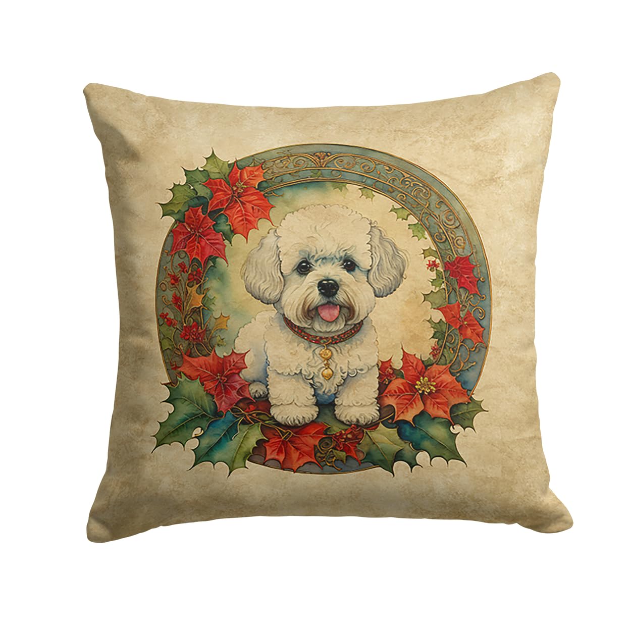 Bichon Frise Christmas Flowers Throw Pillow