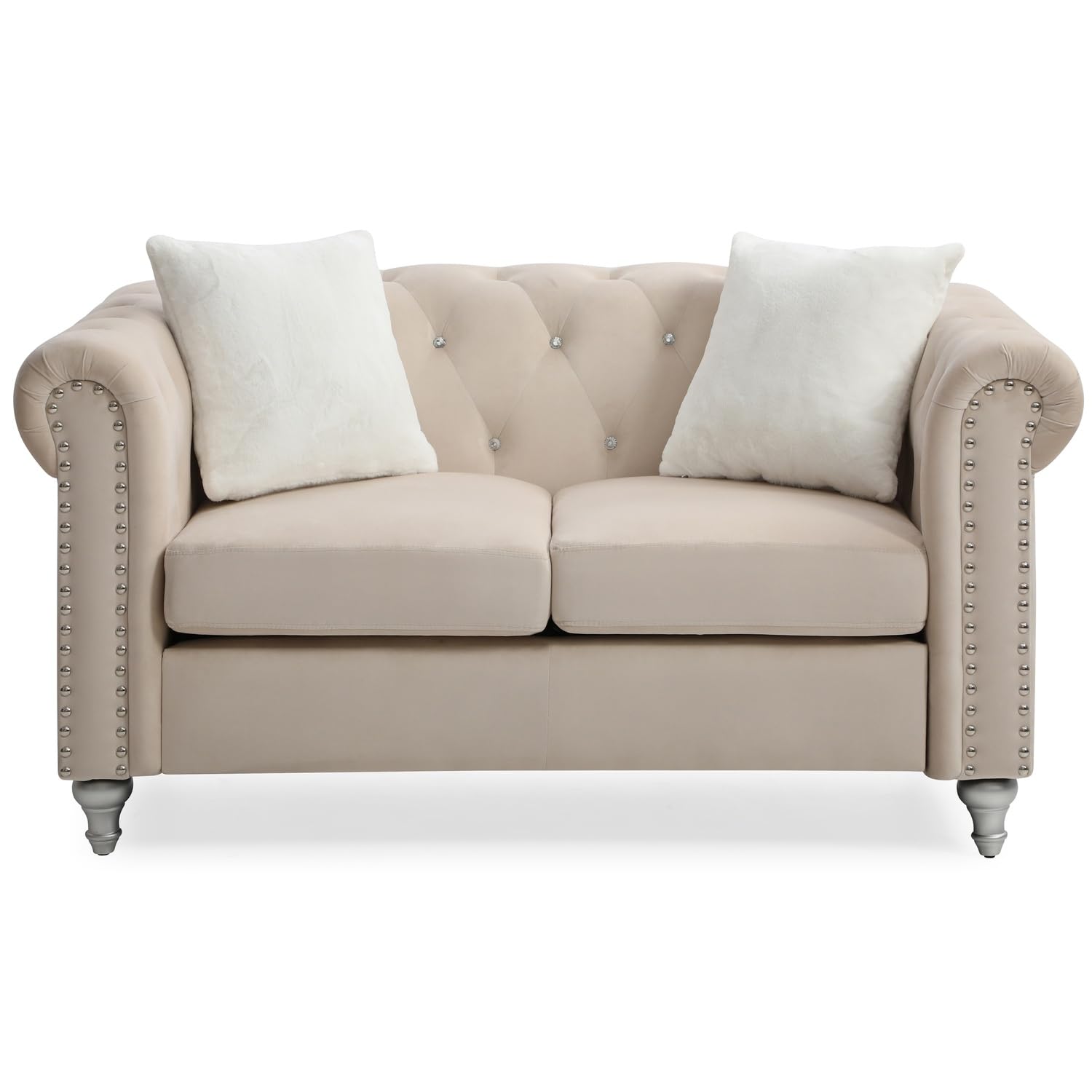 Raisa 60 in. Beige Velvet 2-Seater Sofa with 2-Throw Pillow