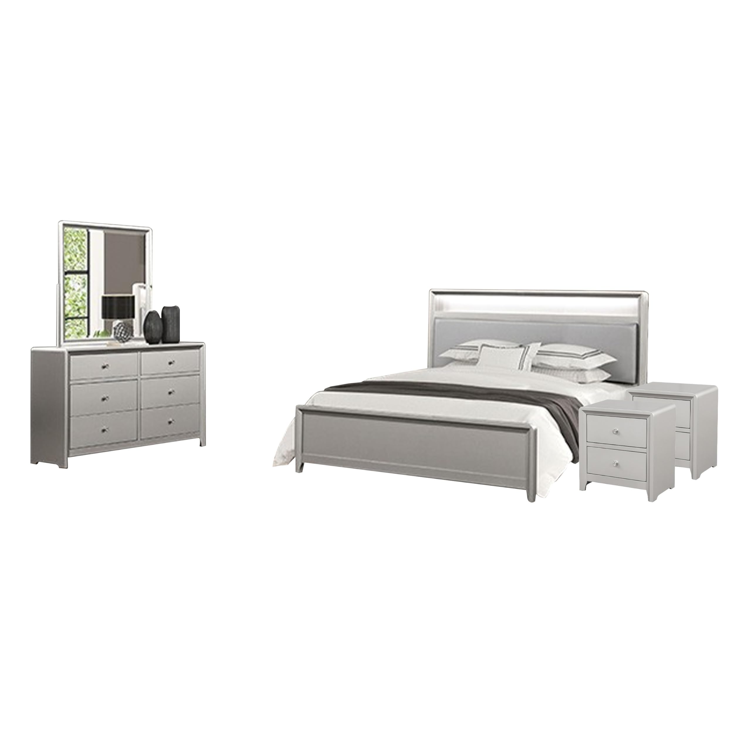 Broy 5pc Queen Bedroom Set, LED Bookcase Headboard, 2 Nightstands, Silver