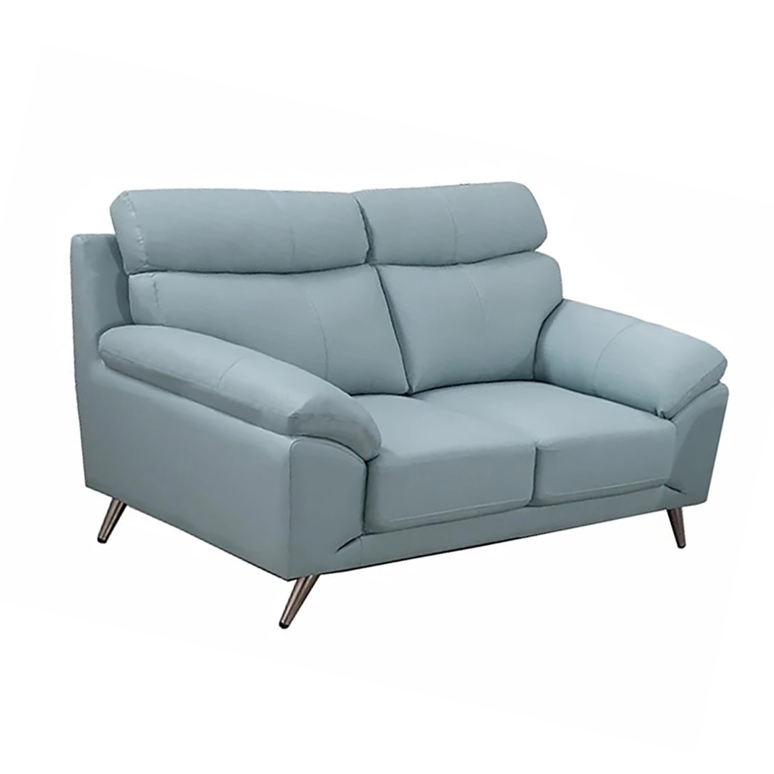 Justin 64 Inch Loveseat, Light Blue Top Grain Leather, Stainless Steel Legs