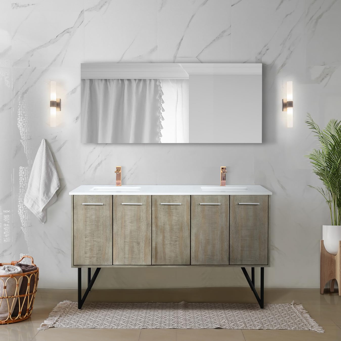 Rustic Acacia Double Bath Vanity 60 in. W x 20 in. D, Cultured Marble Top and Rose Gold Faucet Set