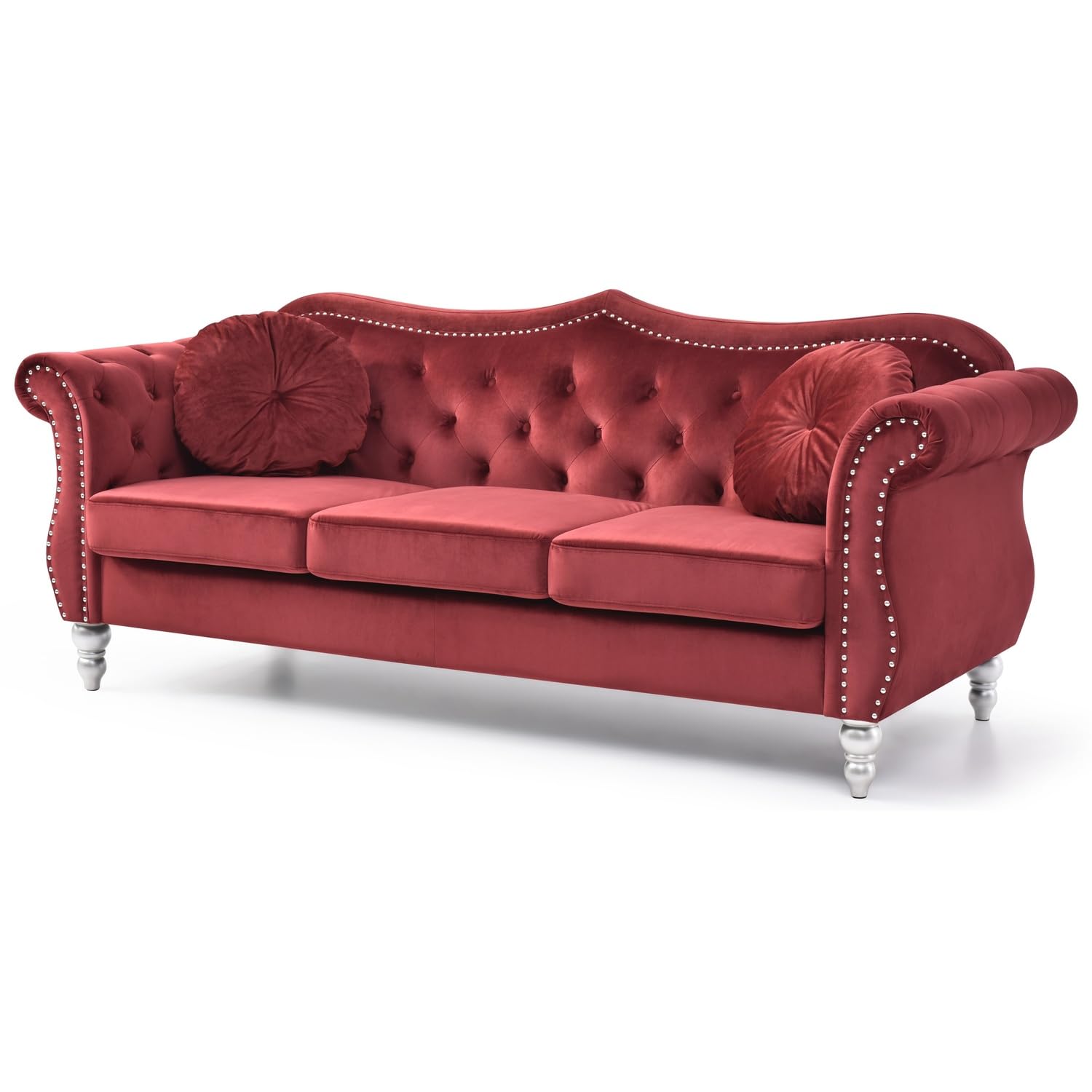 Hollywood 82 in. Burgundy Velvet Chesterfield 3-Seater Sofa with 2-Throw Pillow