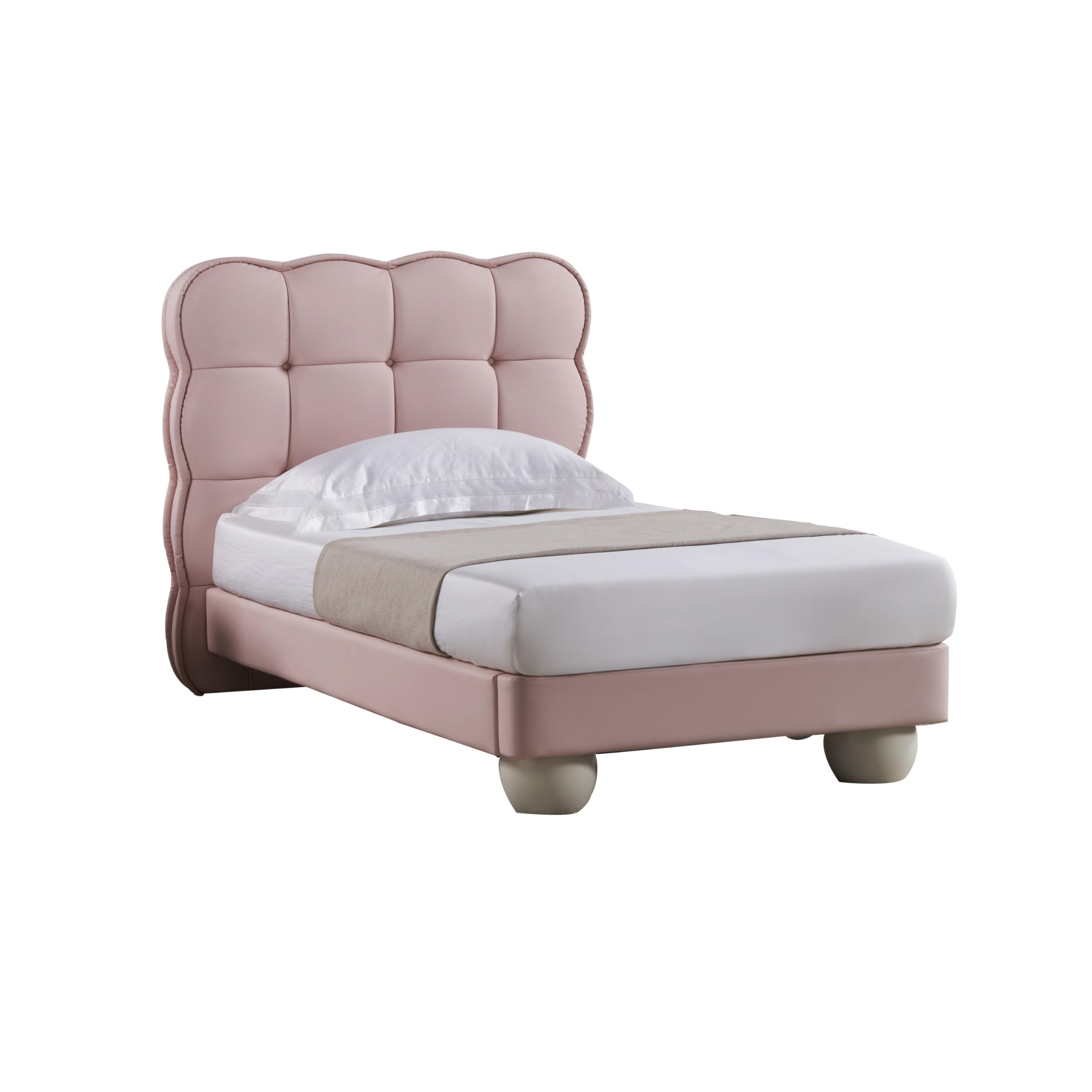 Jeny Queen Size Bed, Pink Leather Upholstered Tufted Headboard, Wood