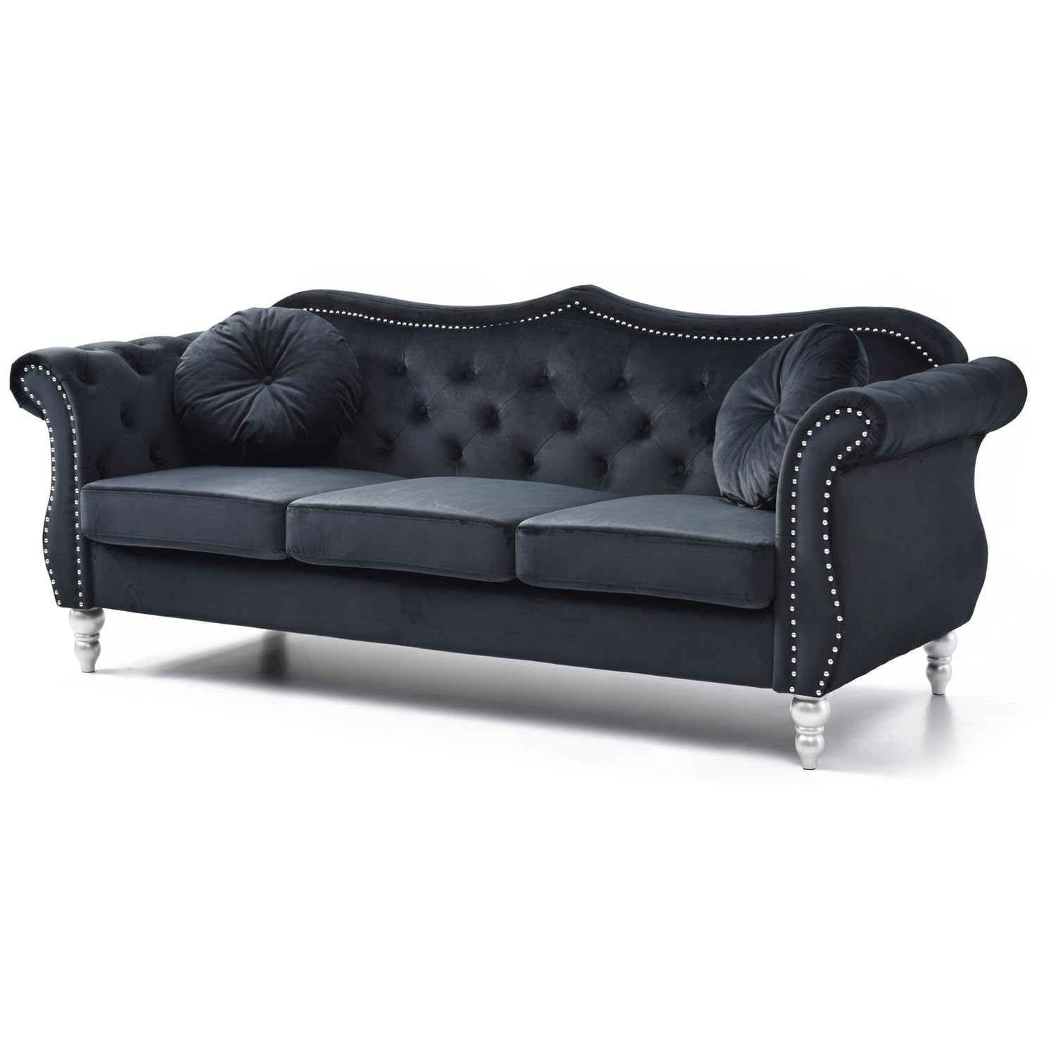 Hollywood 82 in. Black Velvet Chesterfield 3-Seater Sofa with 2-Throw Pillow