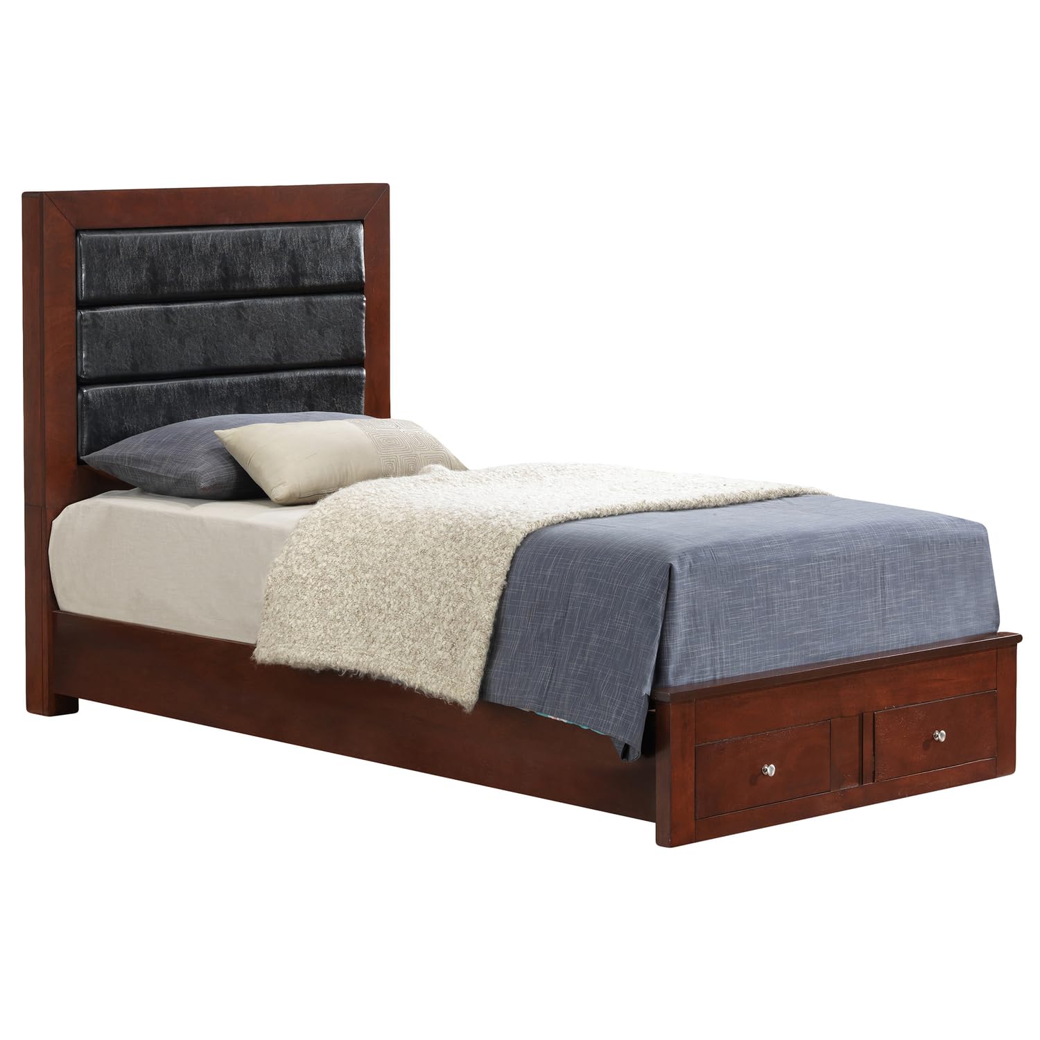 Burlington Cherry Upholstered Twin Storage Panel Bed with Storage Drawers
