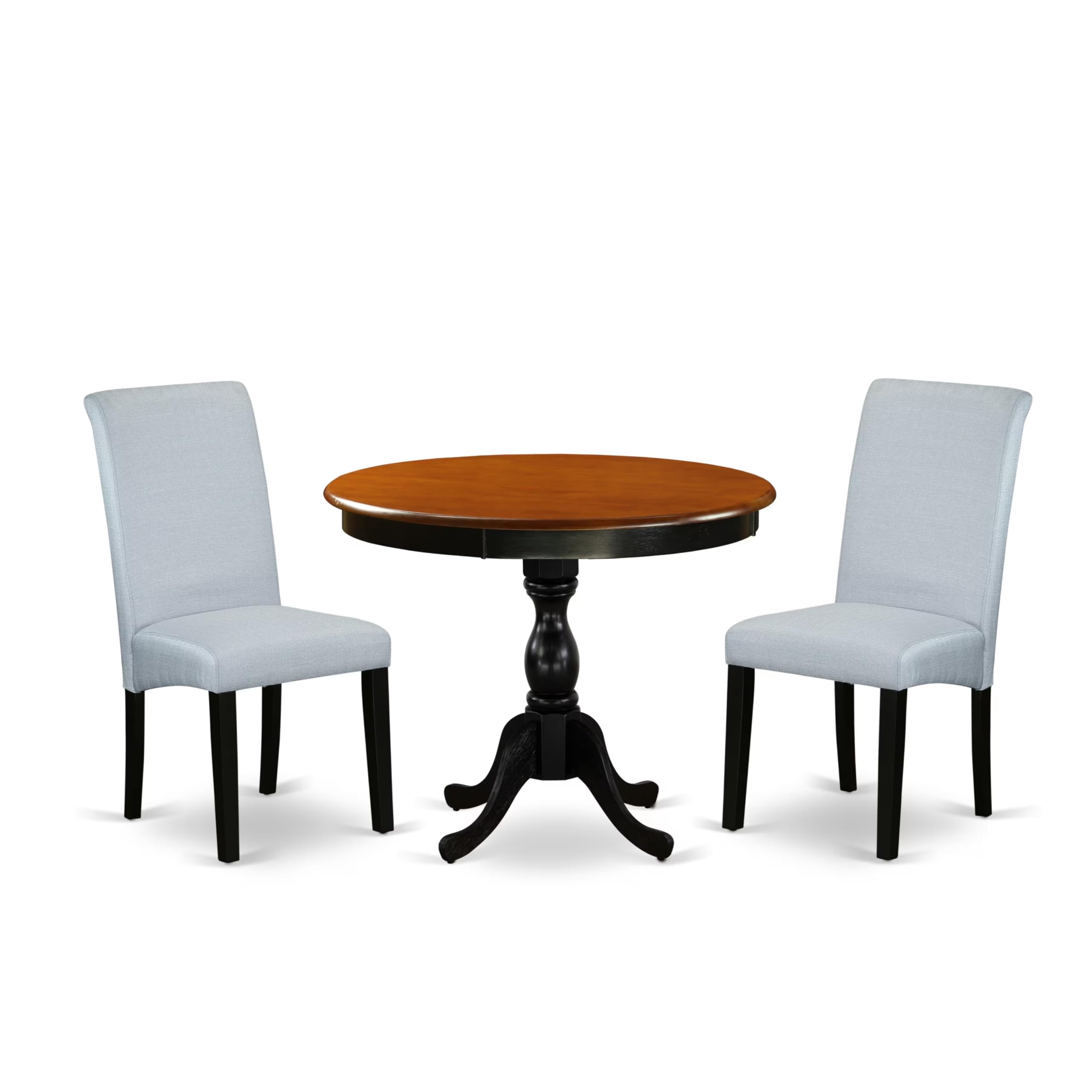 East West Furniture AMBR3-BCH-17 3-Pc Modern Dining Set Includes a Wooden Dinner Table and 2 Light Sable Linen Fabric Upholstered Dining Chairs with Button Tufted Back - Black Finish