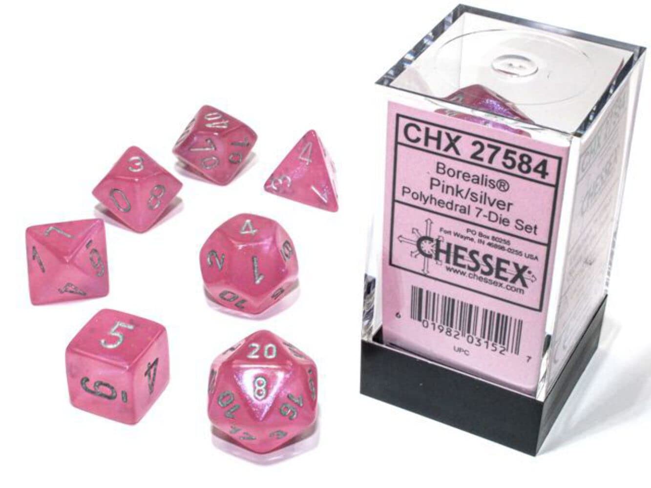 Chessex Polyhedral 7-Die Set - Borealis Pink/Silver with Luminary 27584 (CHX27584)